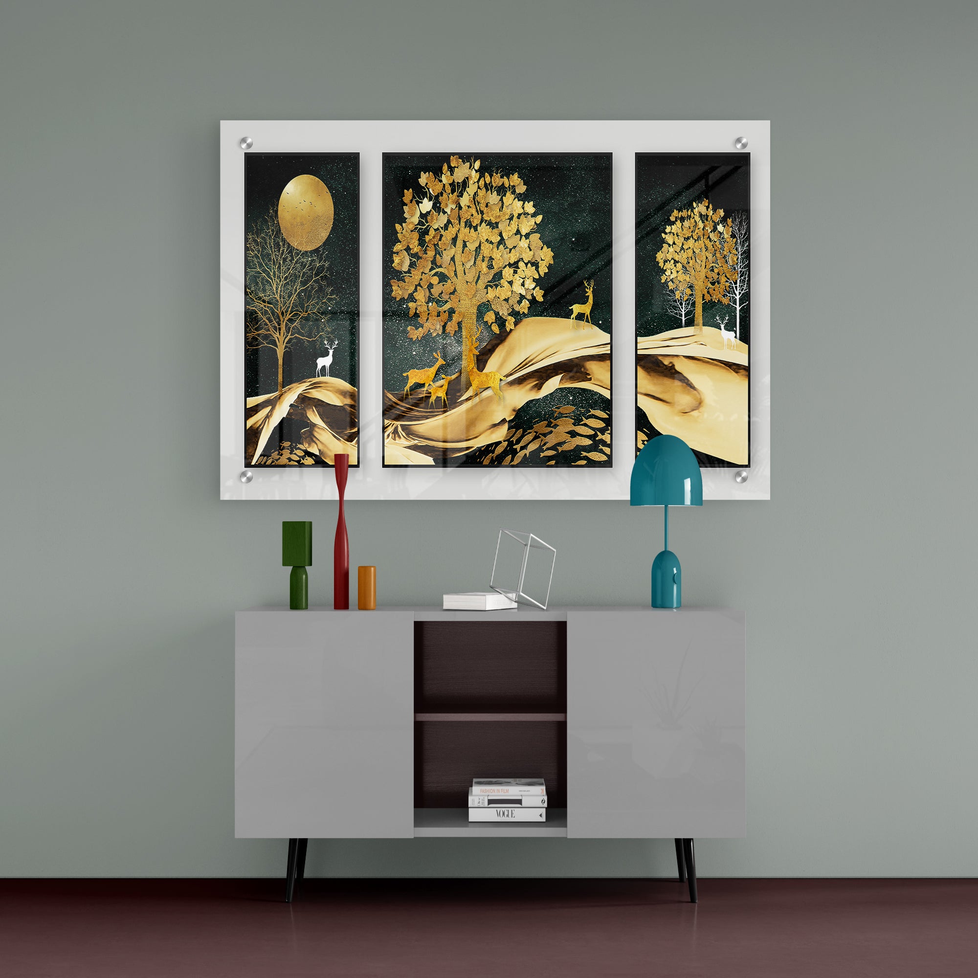Golden Mountain And Tree With Deer And Fish Acrylic Wall Painting