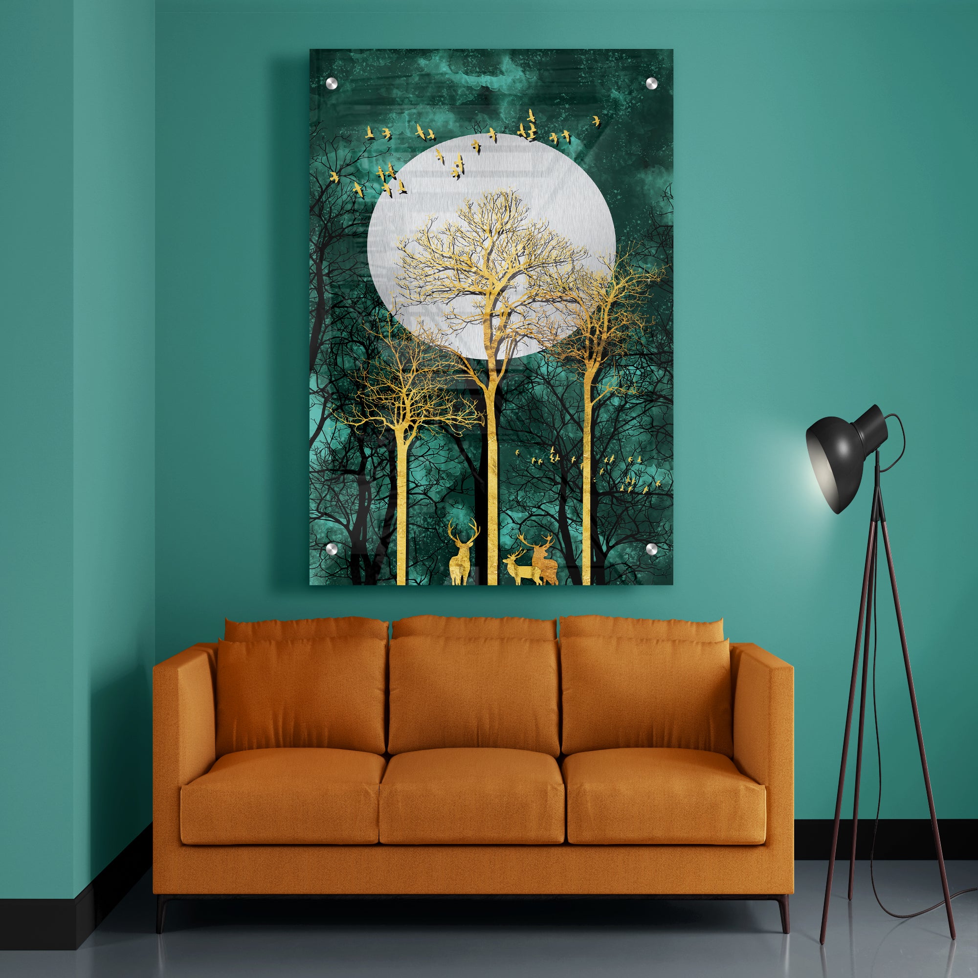 Golden Tree And Deer And Golden Birds With Moon Acrylic Wall Painting