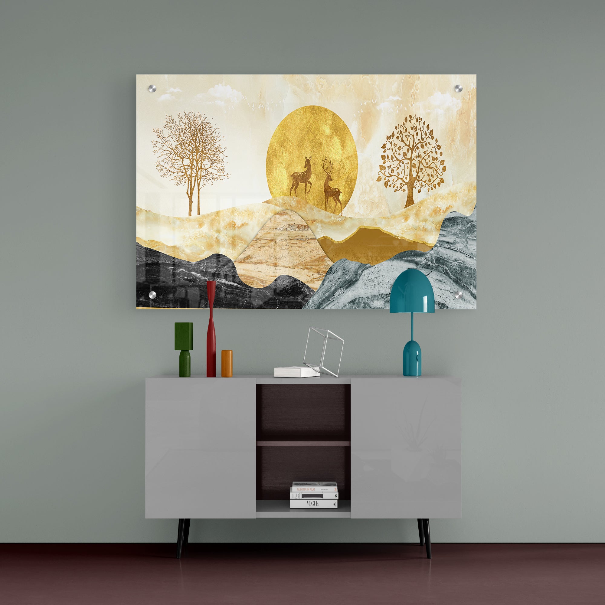 Golden And Black Mountains Sun With Deer Acrylic Wall Painting
