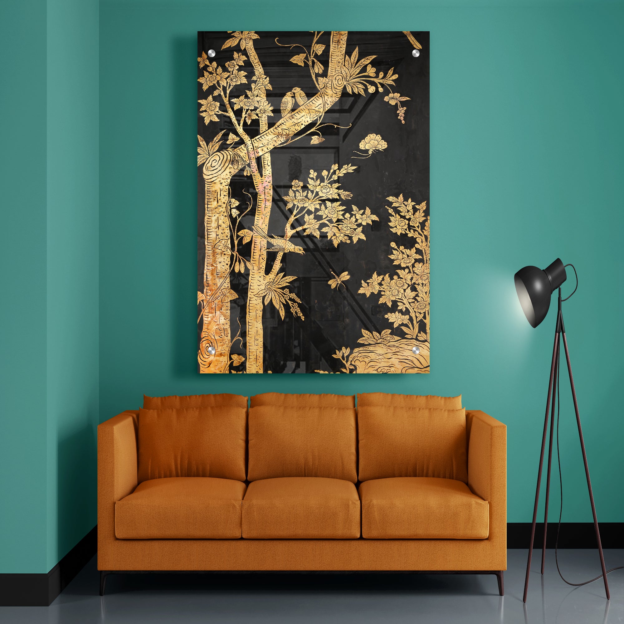 Golden Tree And Black Backgound Acrylic Wall Painting