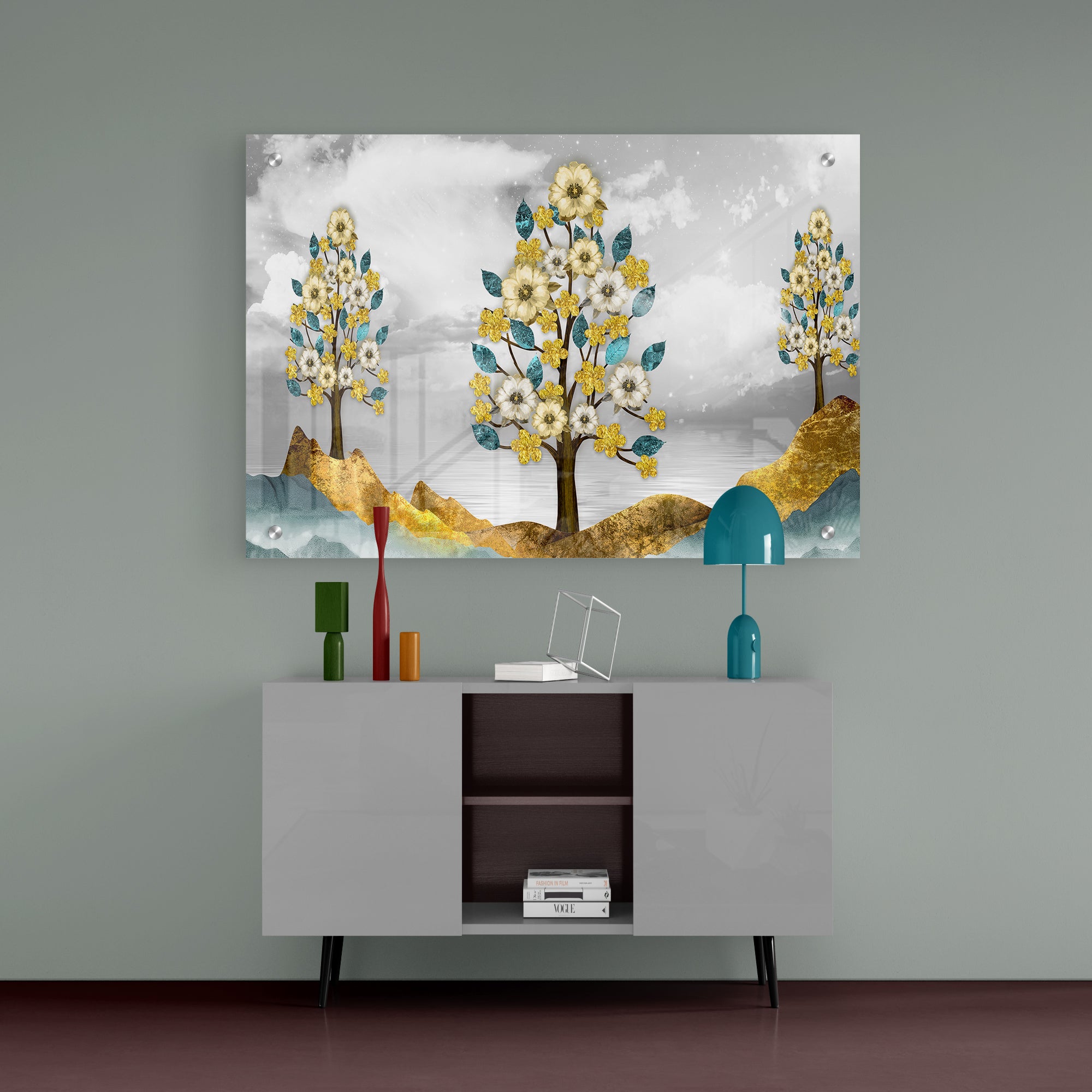 Beautiful Golden Flowers and Turquoise Mountains Acrylic Wall Painting