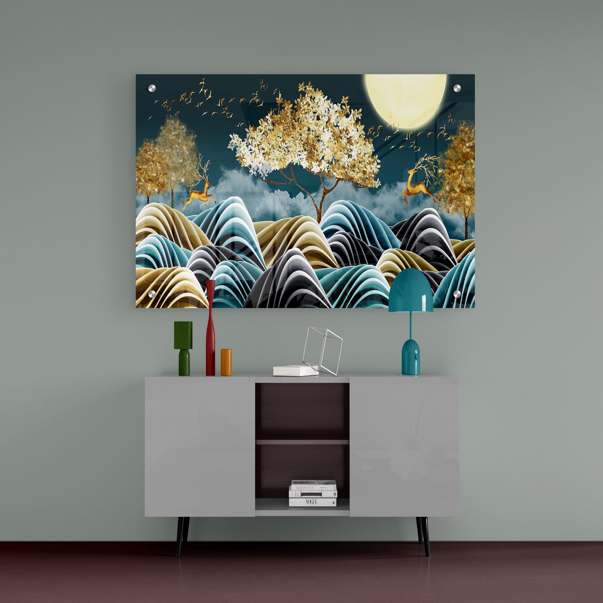 Moon With Golden Tree Abstract Acrylic Wall Painting