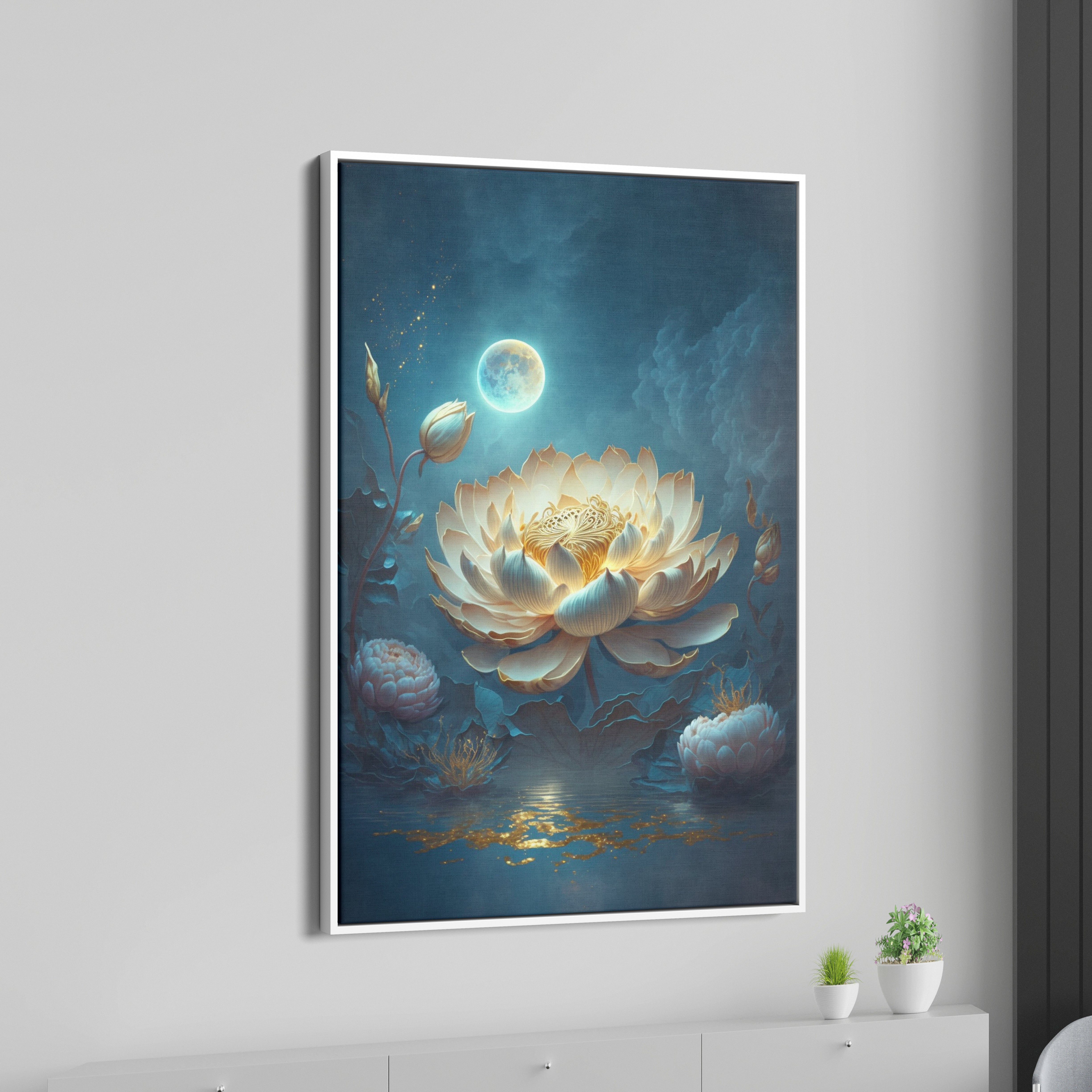 Attractive Moon And Lotus Canvas Wall Painting