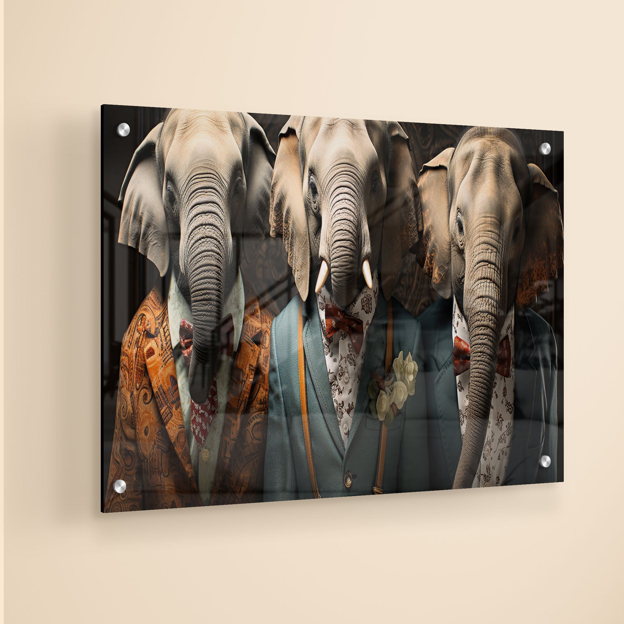 Three Elephants In Suit Acrylic Wall Painting