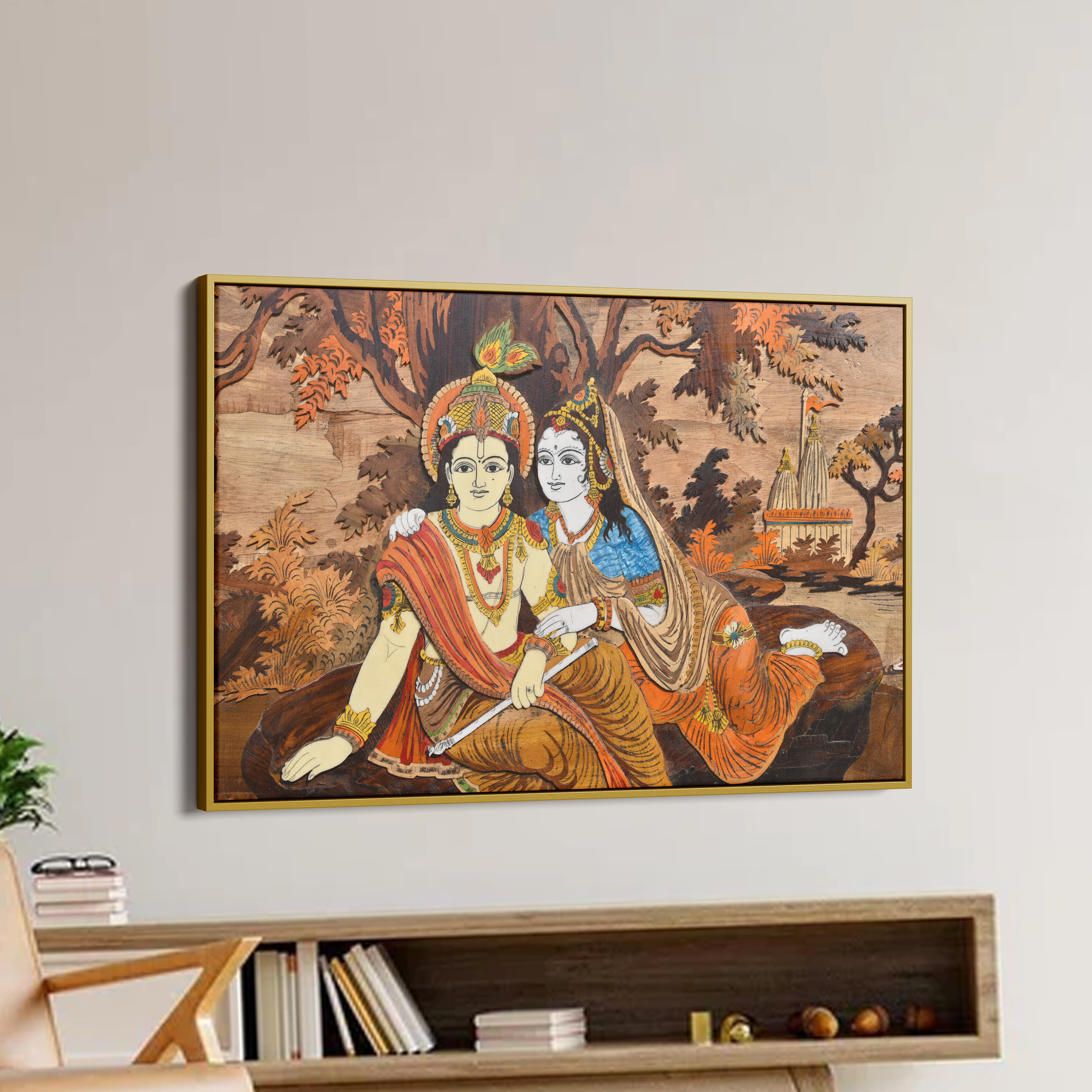 God Radha Krishna Wooden Taxture Canvas Wall Painting