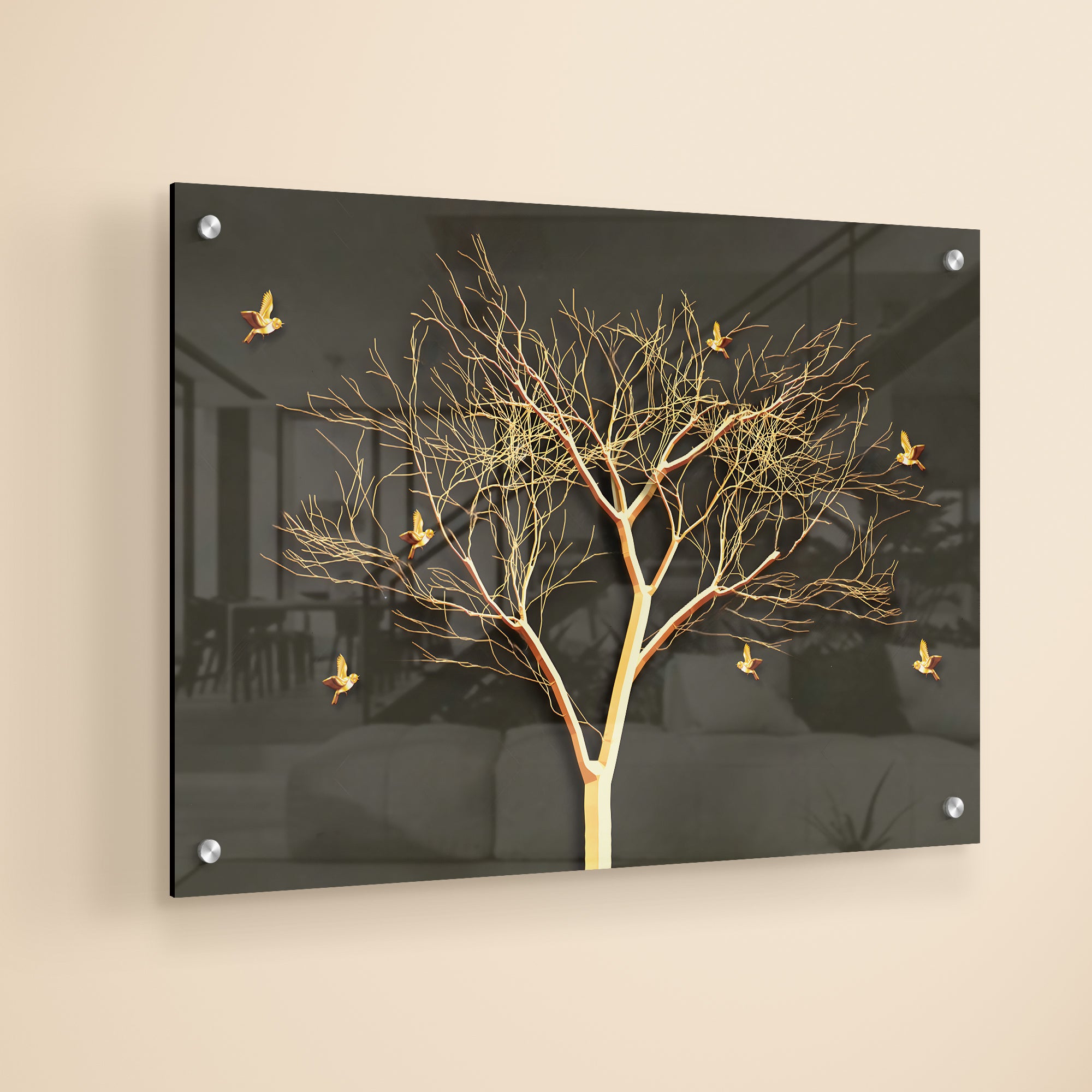 Golden Tree With Golden Birds Premium Modern Art Acrylic Painting