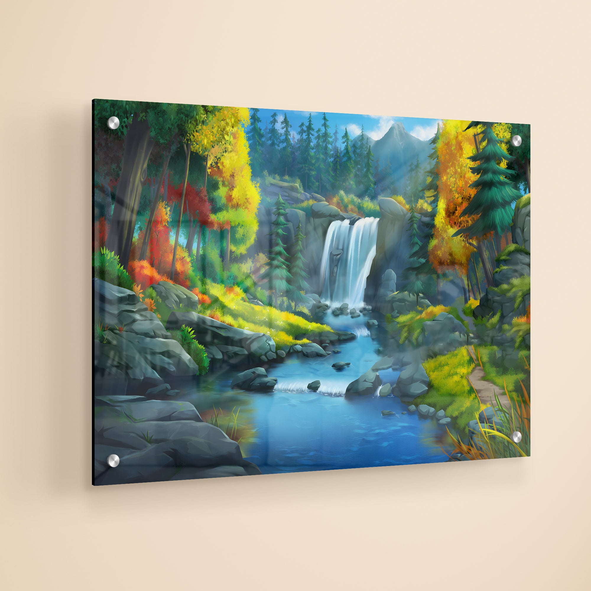 Beautiful Waterfall In Forest Premium Morden Art Acrylic Painting