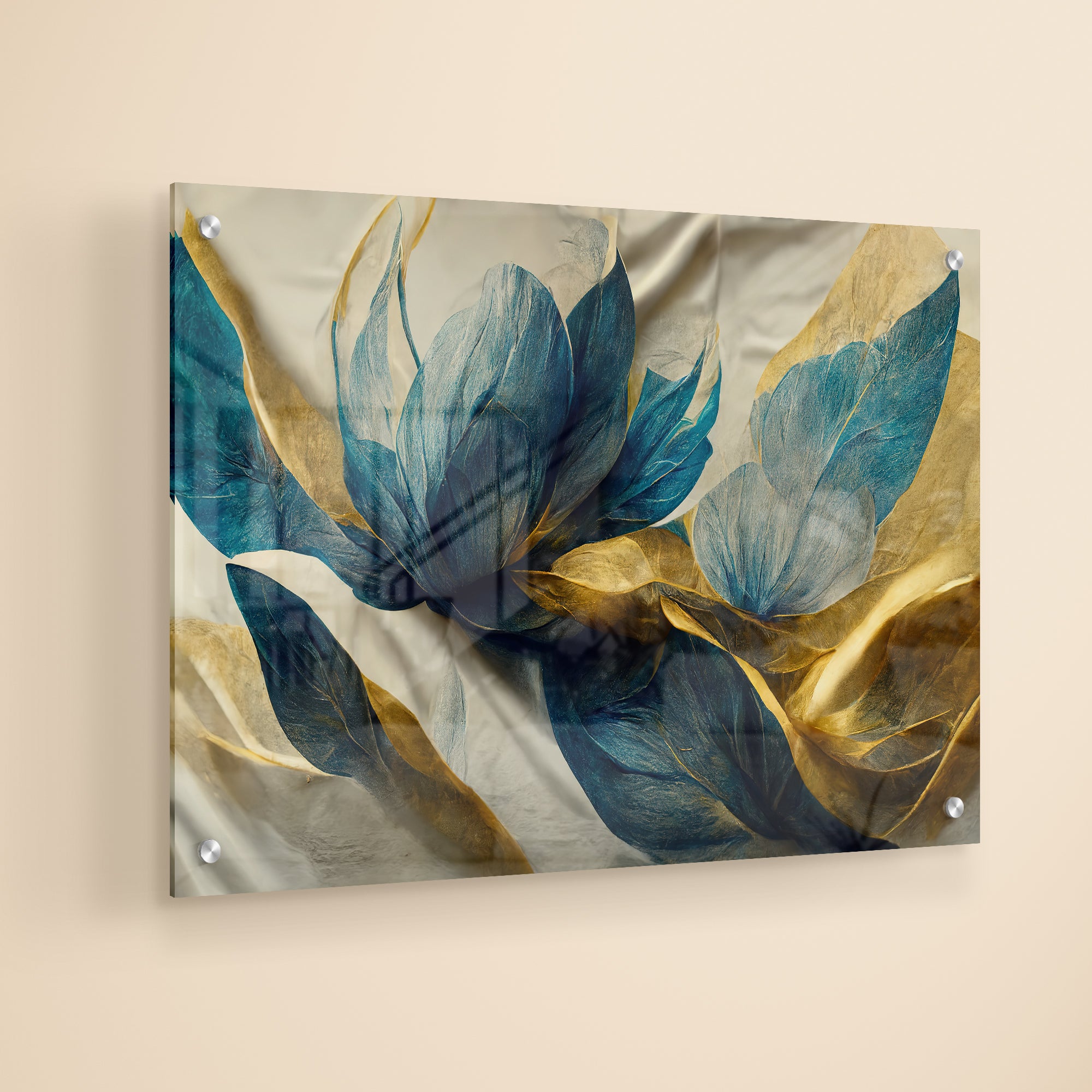 Beautiful Golden Flower and Waves Acrylic Painting