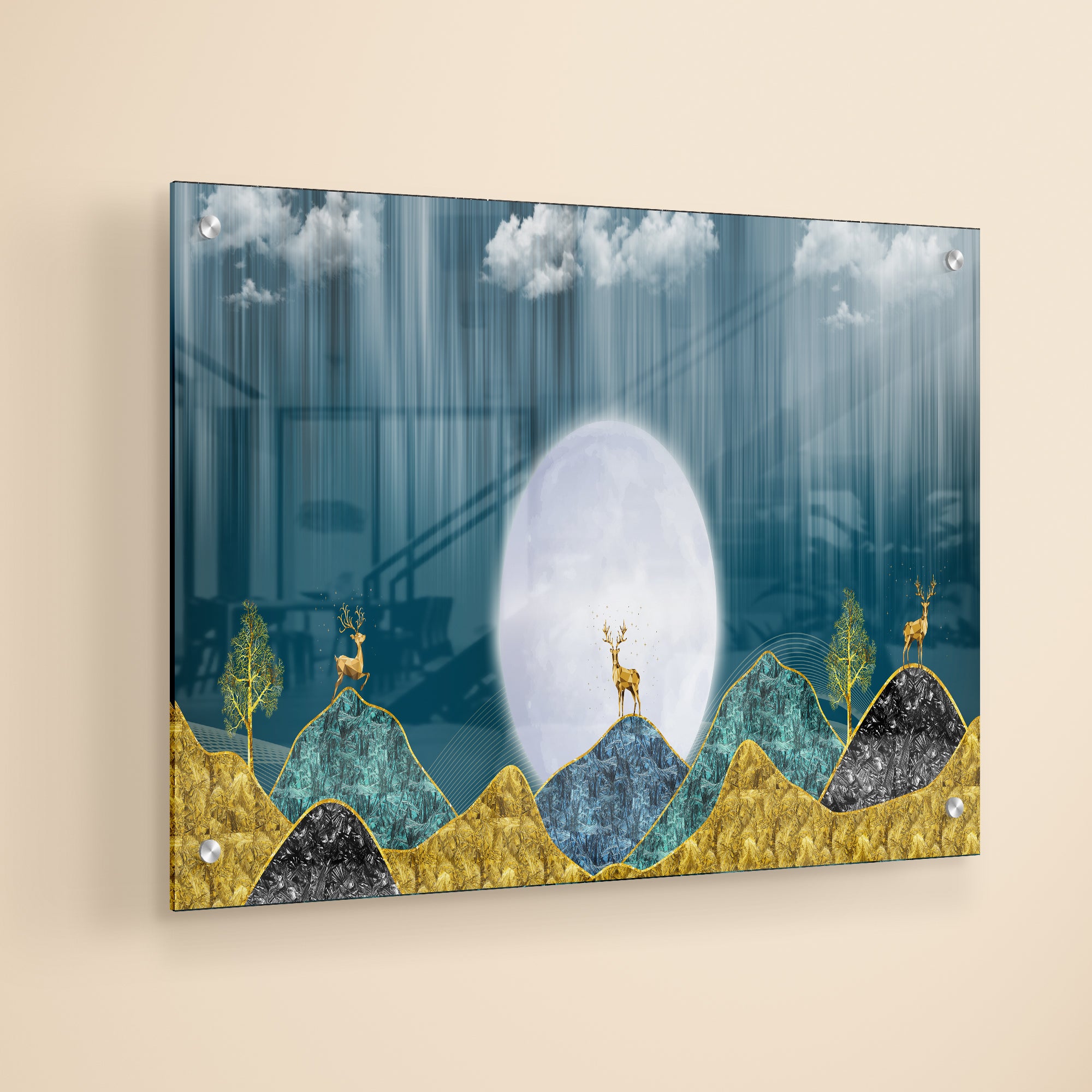 Beautiful Golden Mountains and Deer with Moon Premium Acrylic Wall Painting