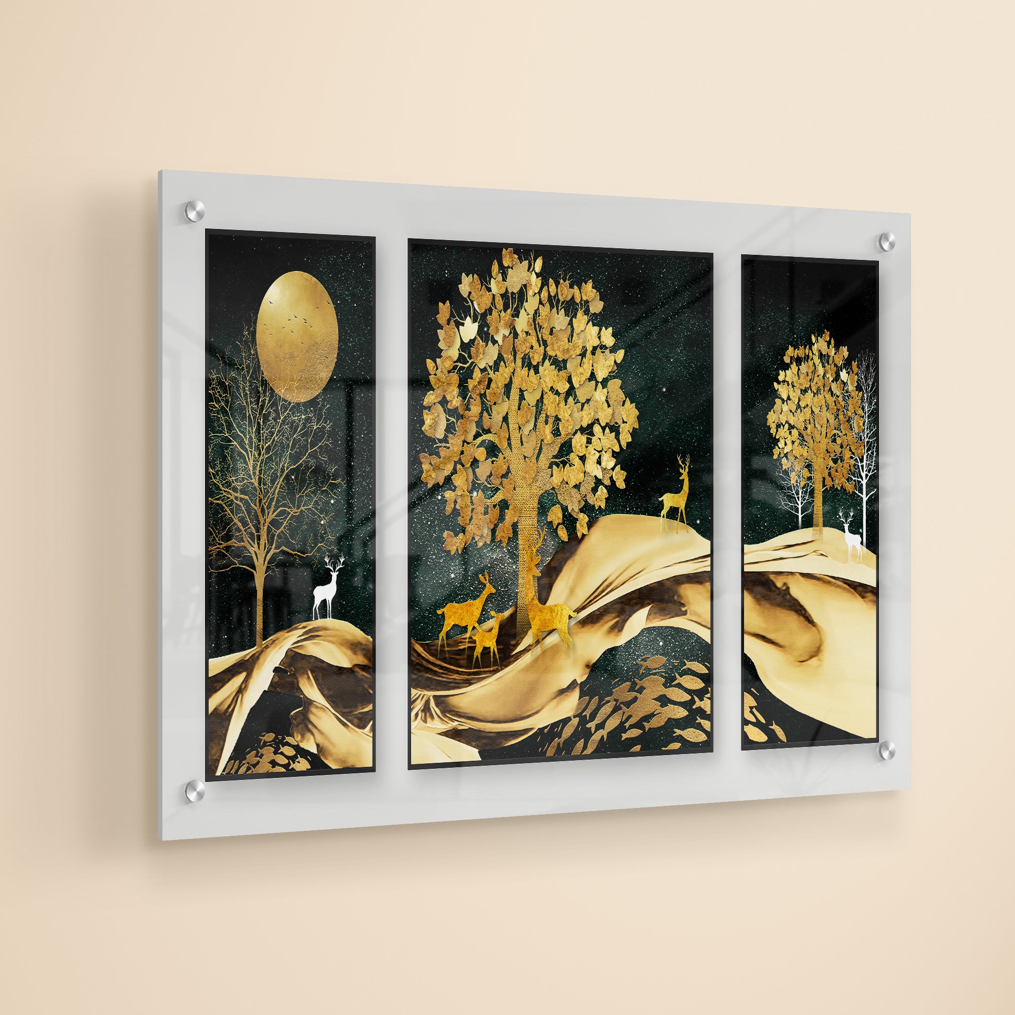 Golden Mountain And Tree With Deer And Fish Acrylic Wall Painting