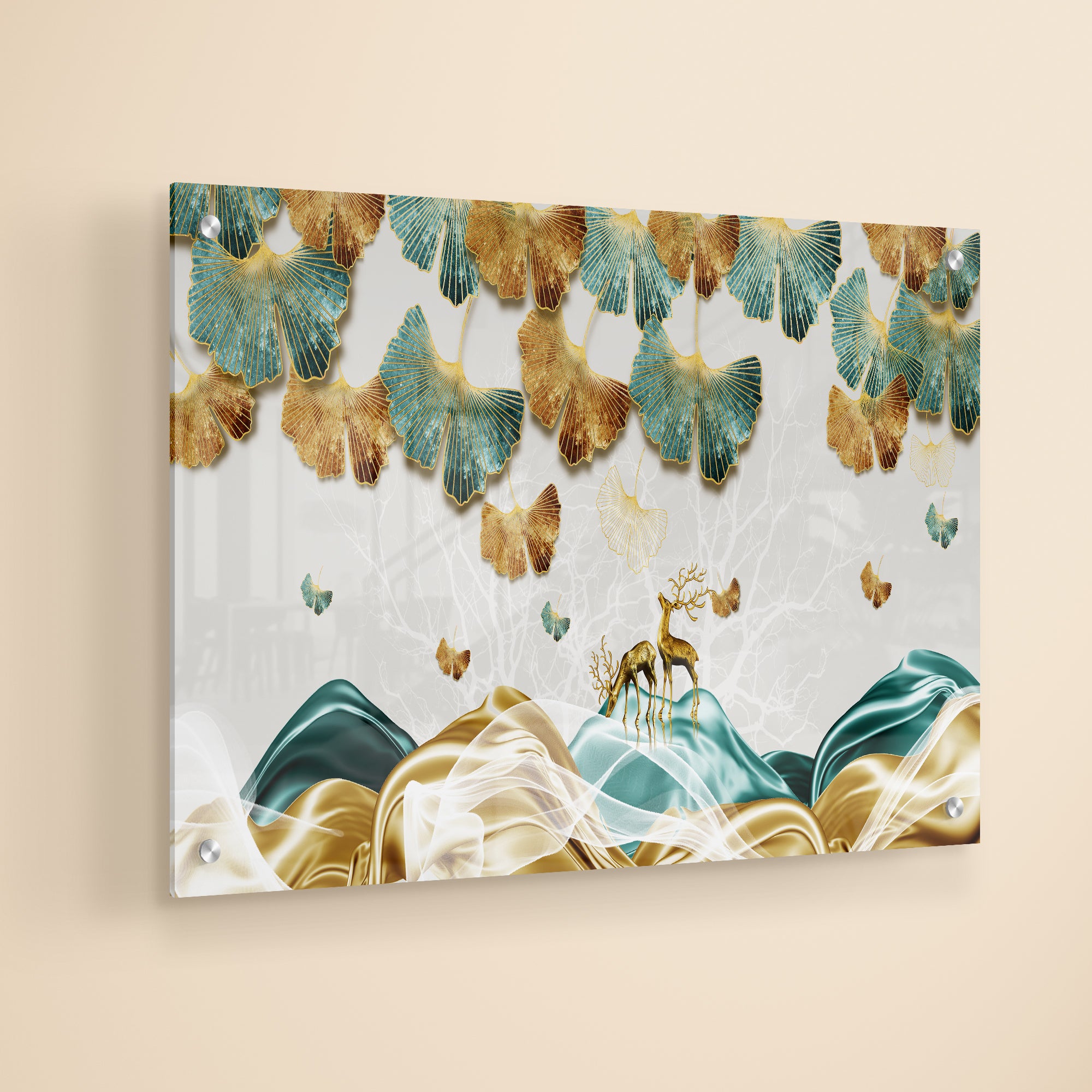 Golden Leaf And Deer Luxurious Abstract Art Acrylic Wall Painting