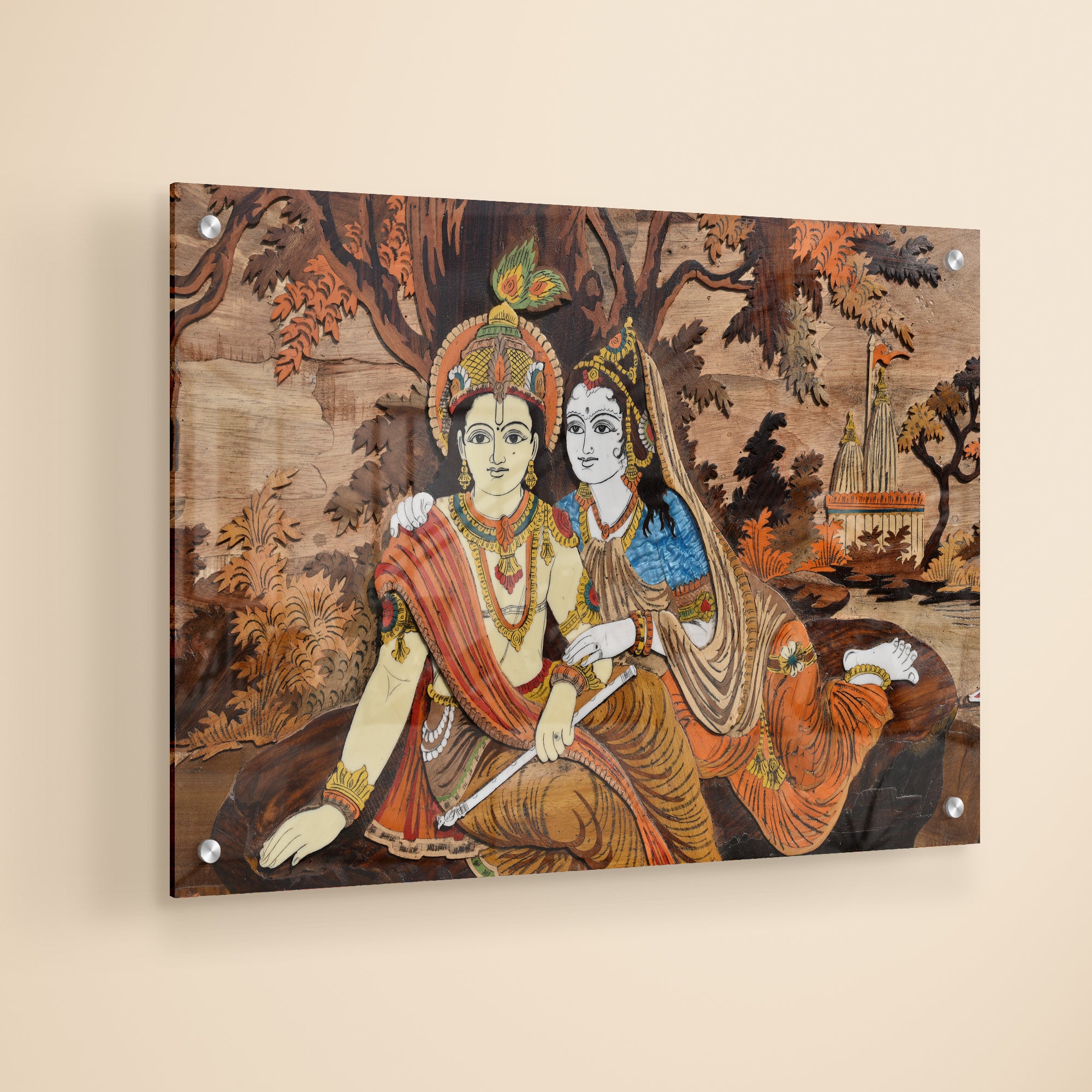 God Radha Krishna Wooden Taxture Acrylic Wall Painting