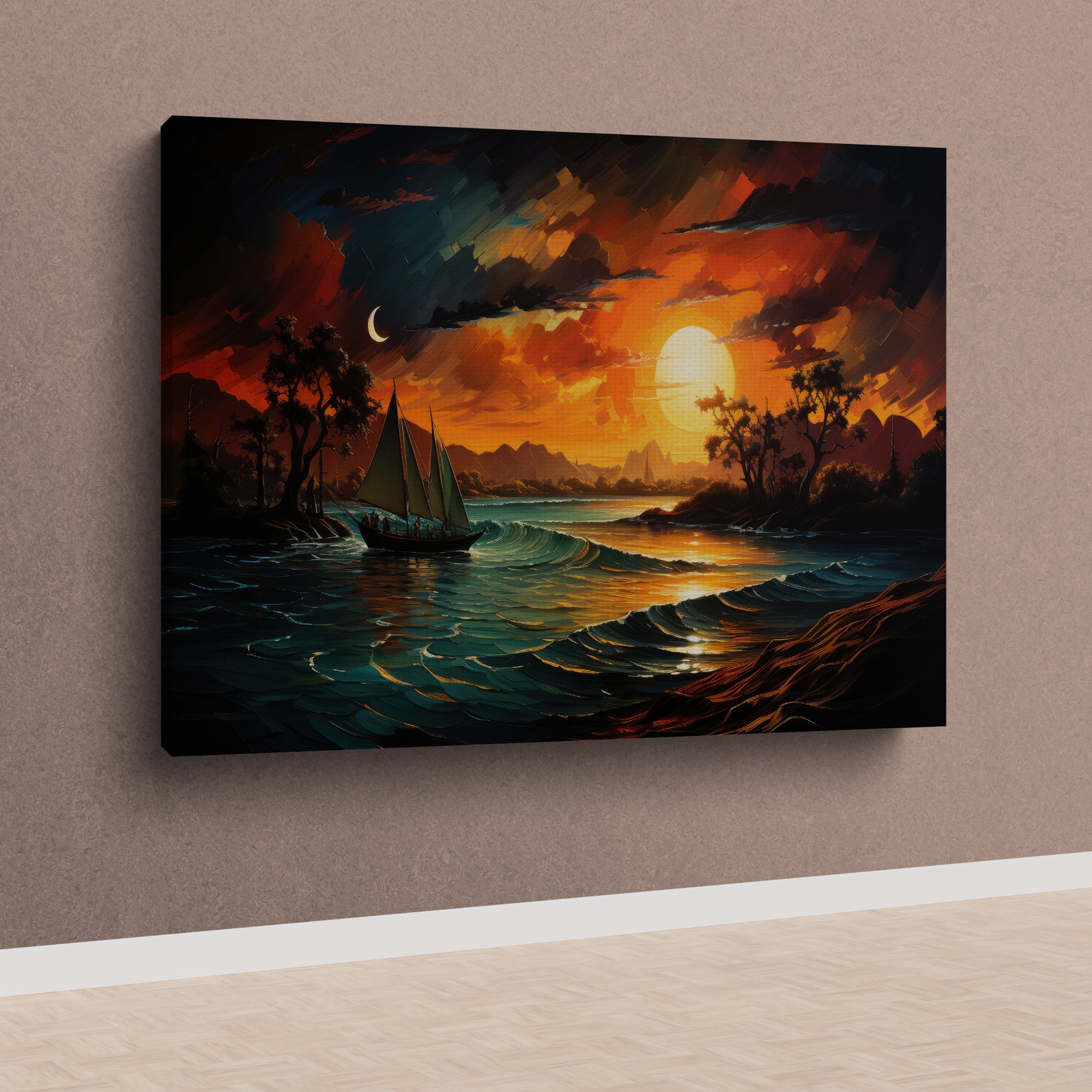 Sunset With A Boat In The Water Canvas Wall Painting