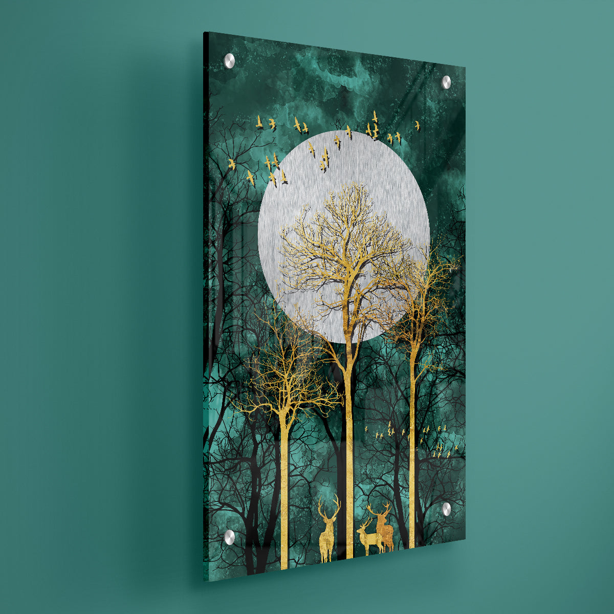 Golden Tree And Deer And Golden Birds With Moon Acrylic Wall Painting