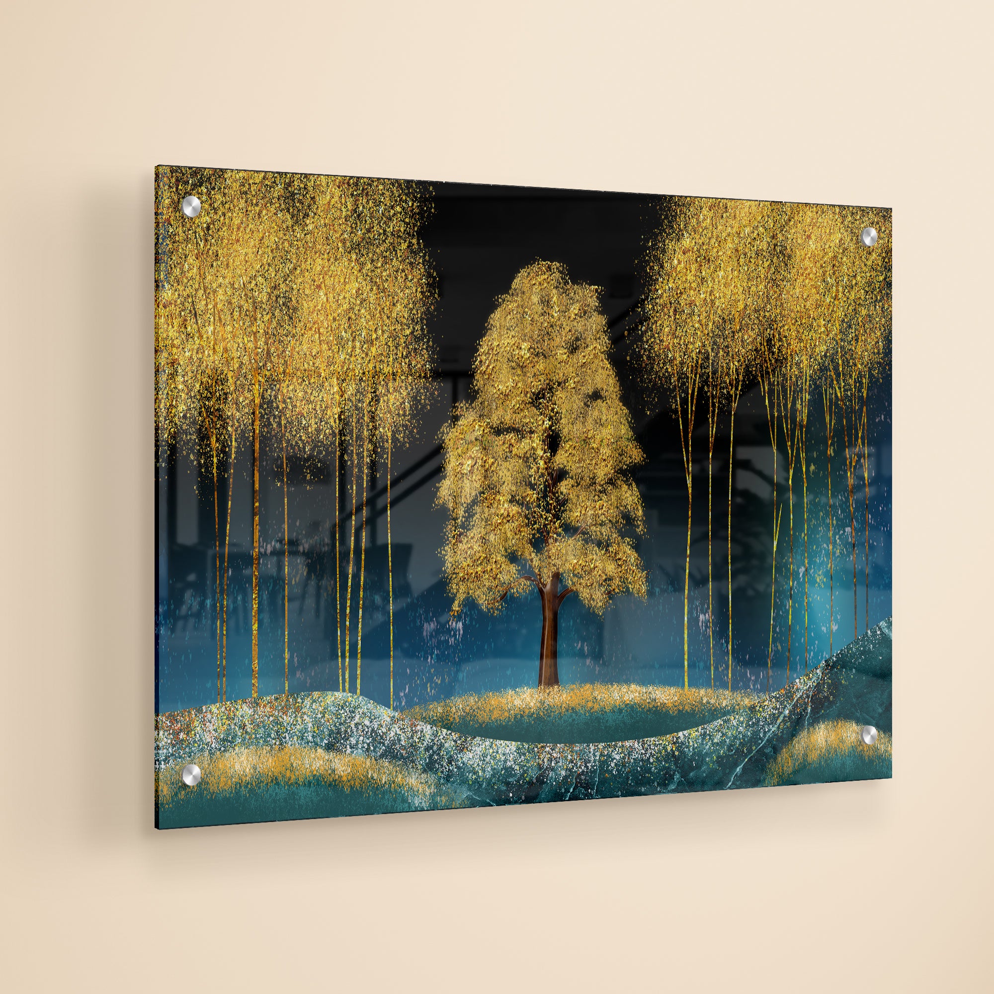 Beautiful Blue Sky and Golden Tree Acrylic Wall Painting