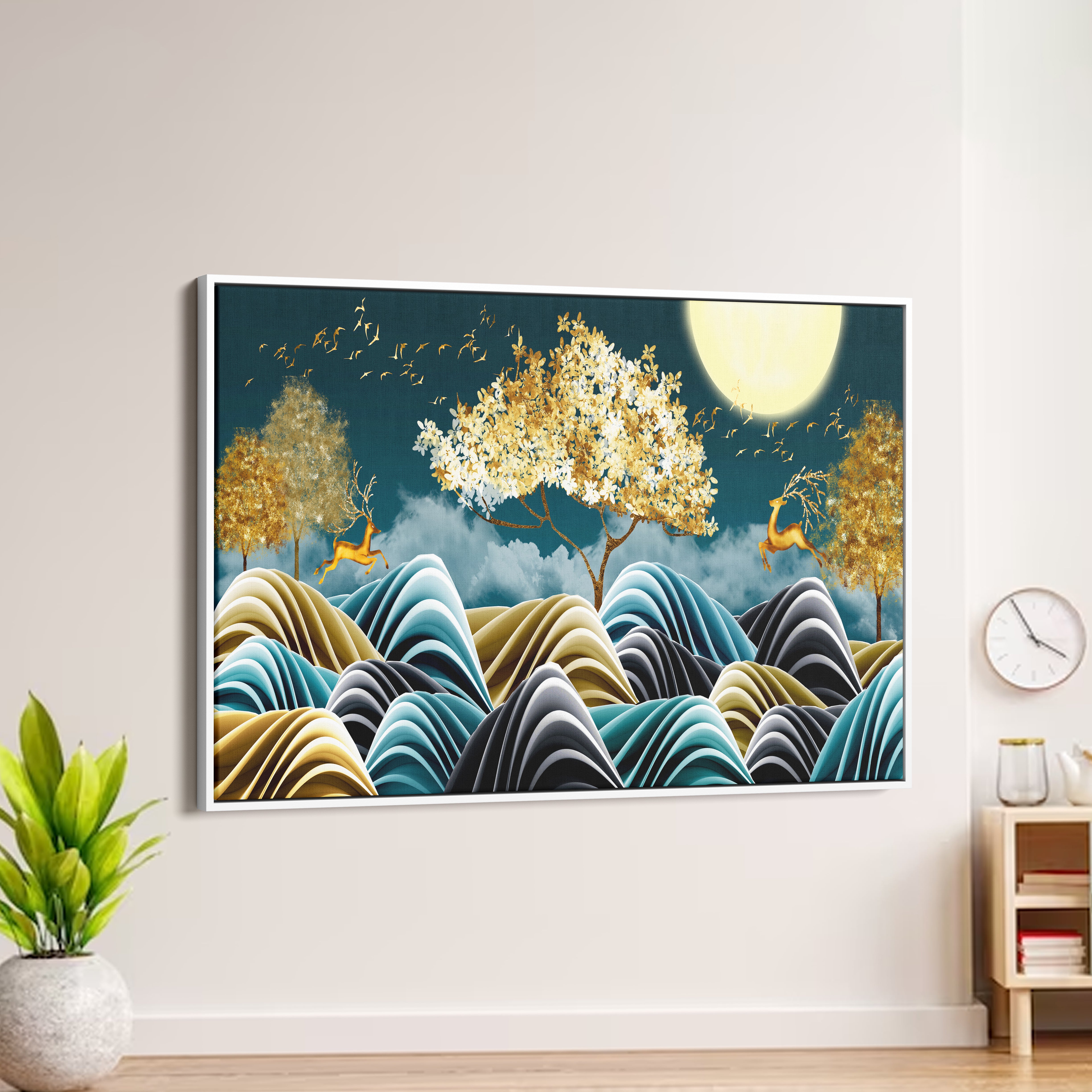 Moon With Golden Tree Abstract Canvas Wall Painting