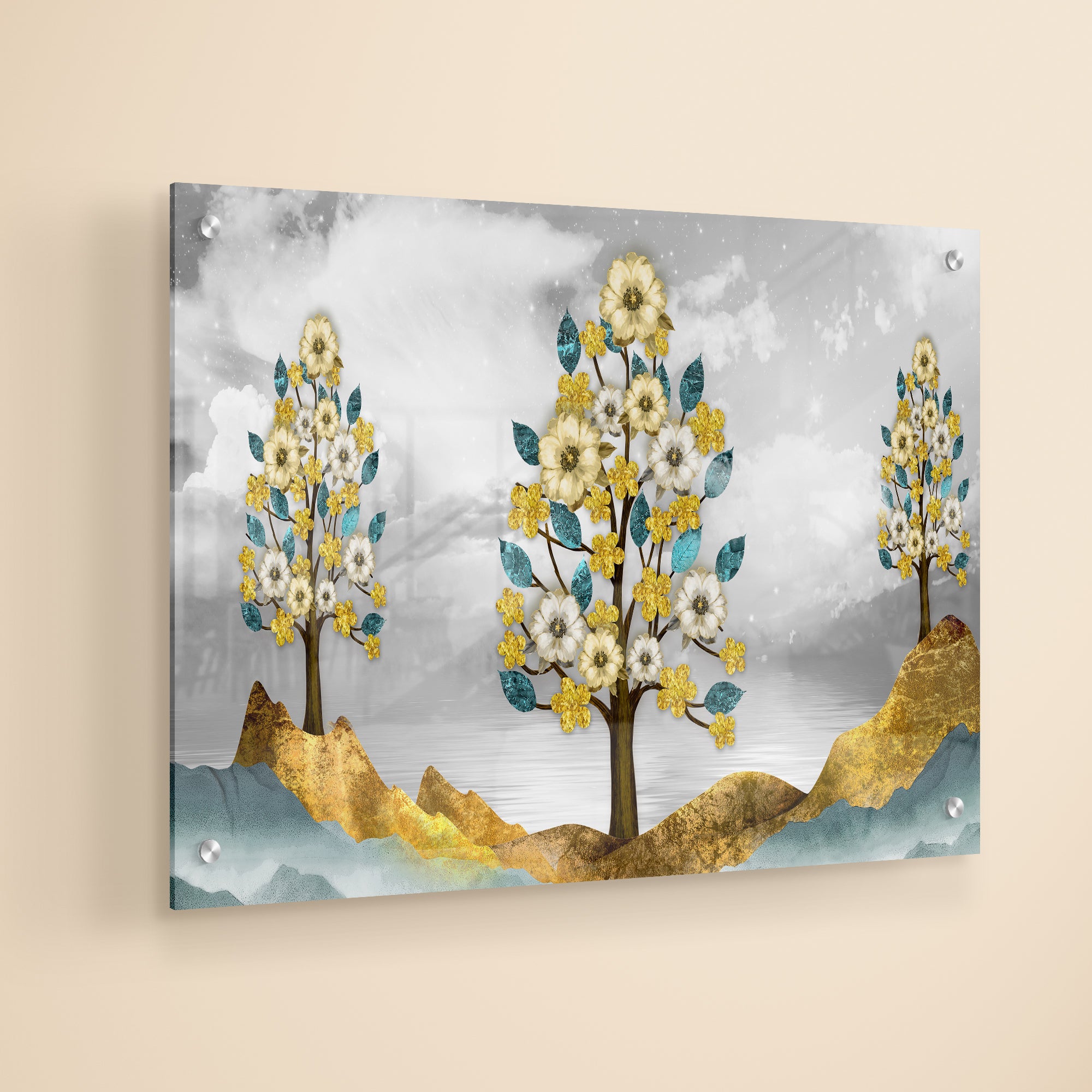 Beautiful Golden Flowers and Turquoise Mountains Acrylic Wall Painting