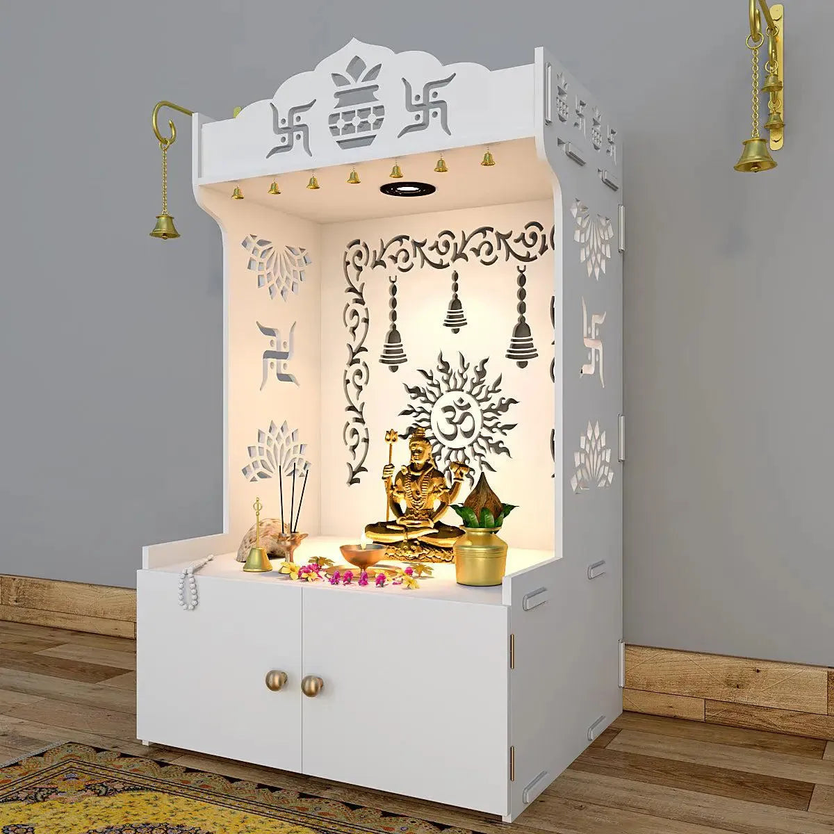Aesthetic White Wooden Temple for Home with Spacious Shelf & Inbuilt Focus Light