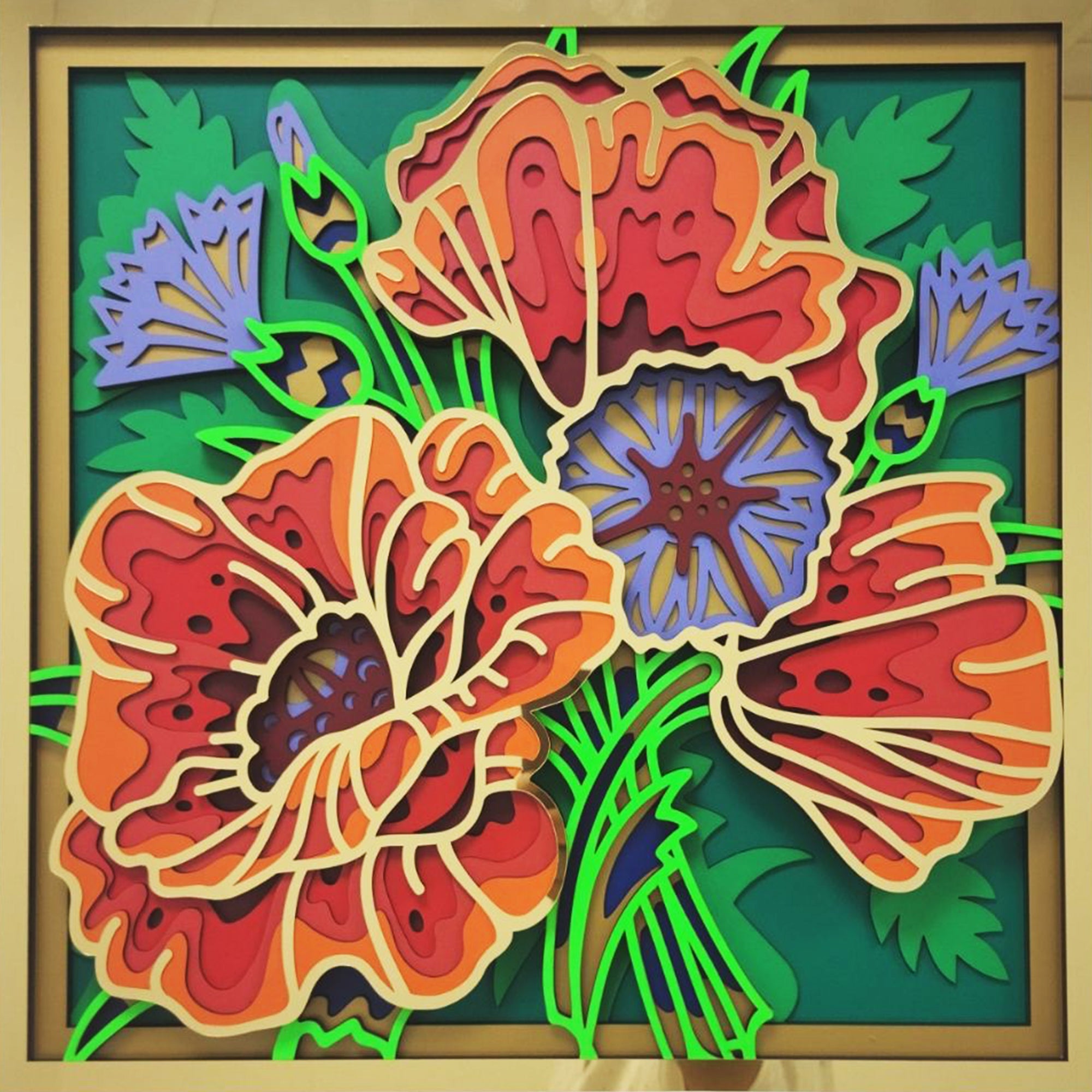 3D Cornflower And Poppies Mandala Art  Wall Decor