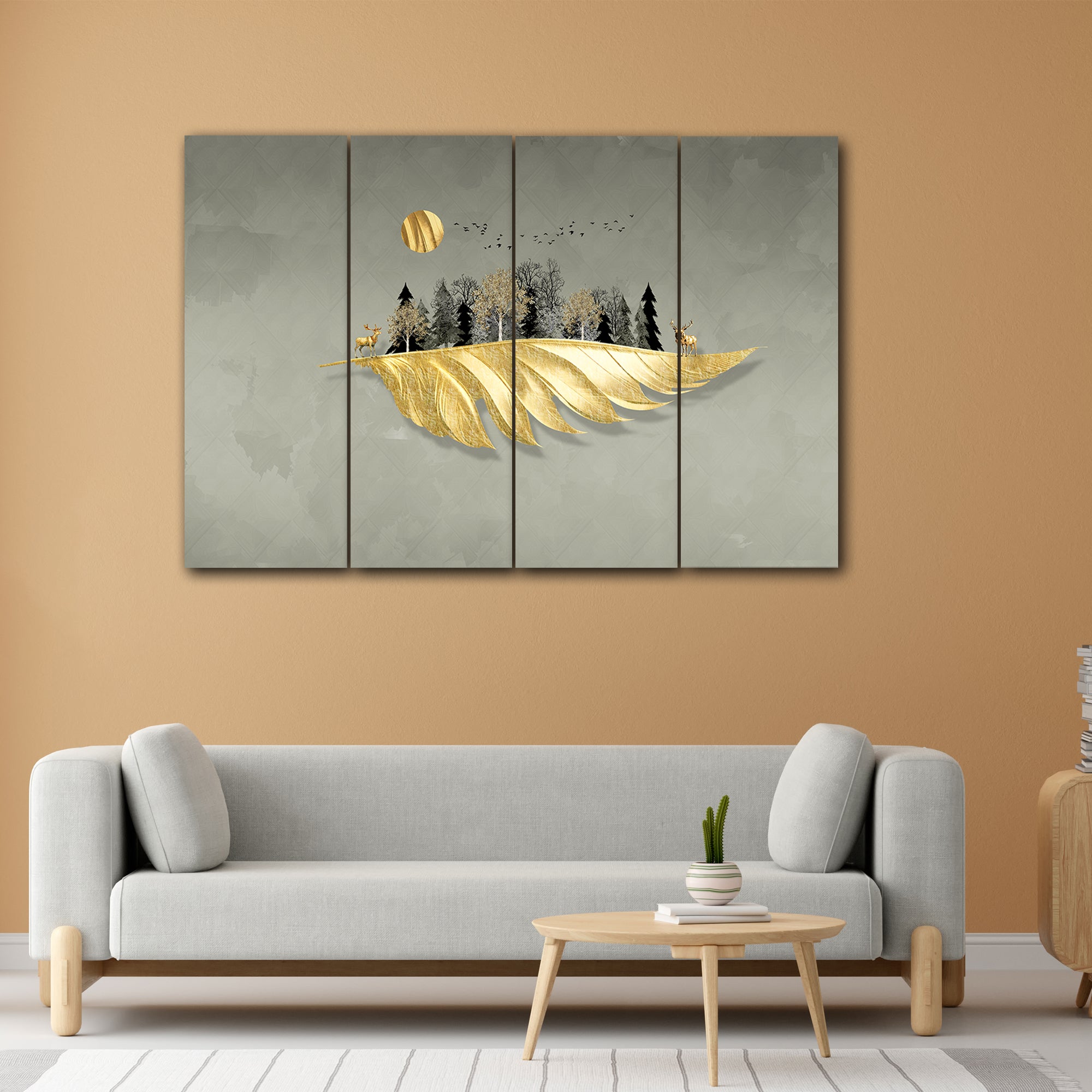 Golden Leaves And Deer In 4 Panel Painting