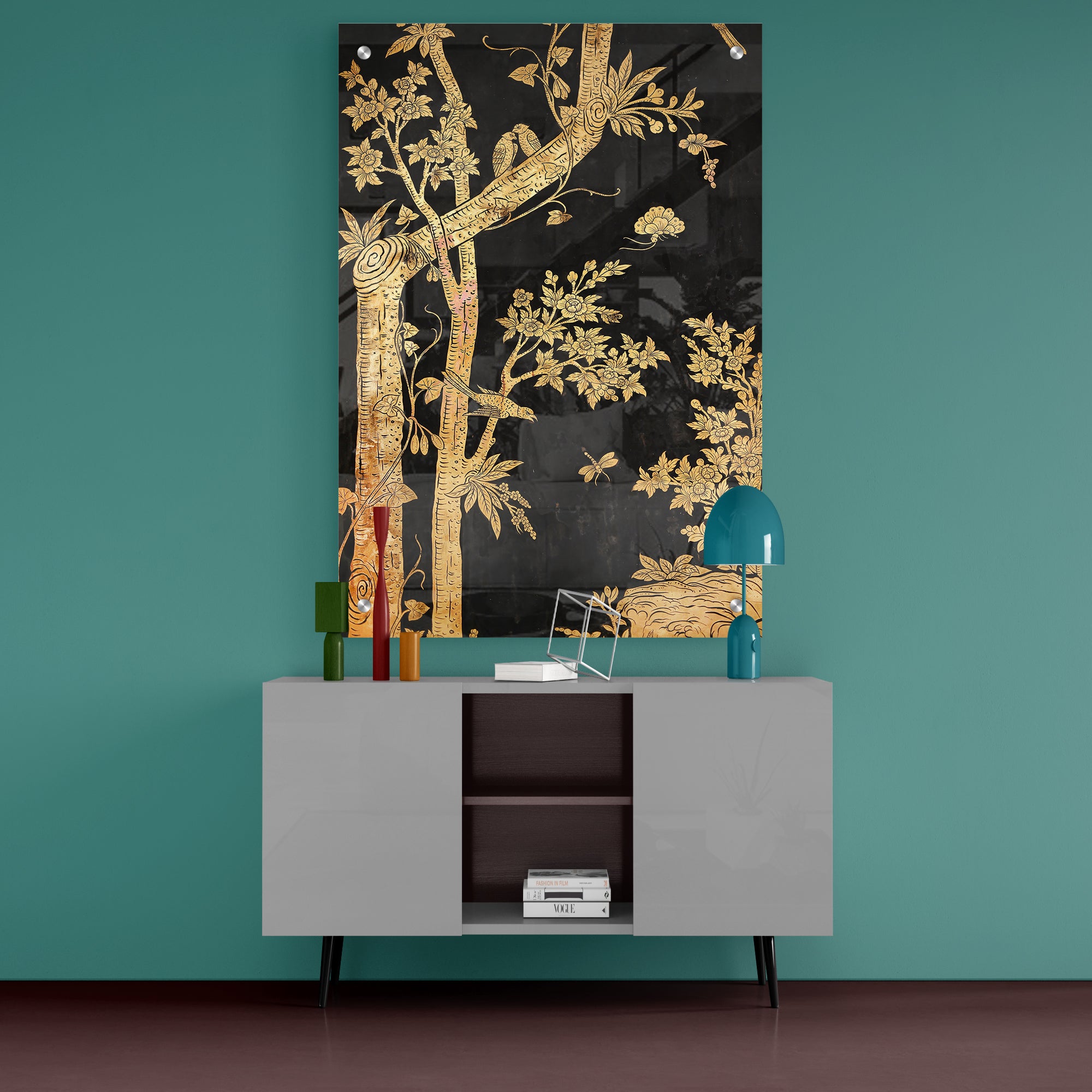 Golden Tree And Black Backgound Acrylic Wall Painting