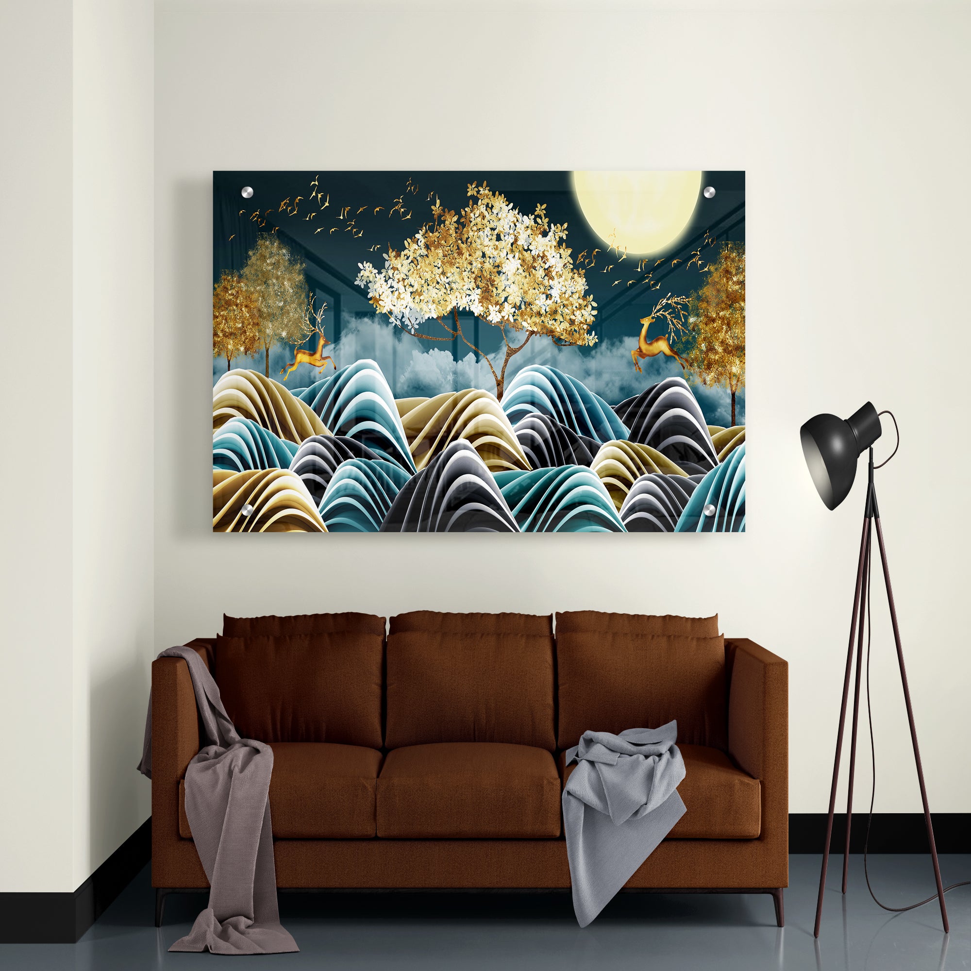 Moon With Golden Tree Abstract Acrylic Wall Painting