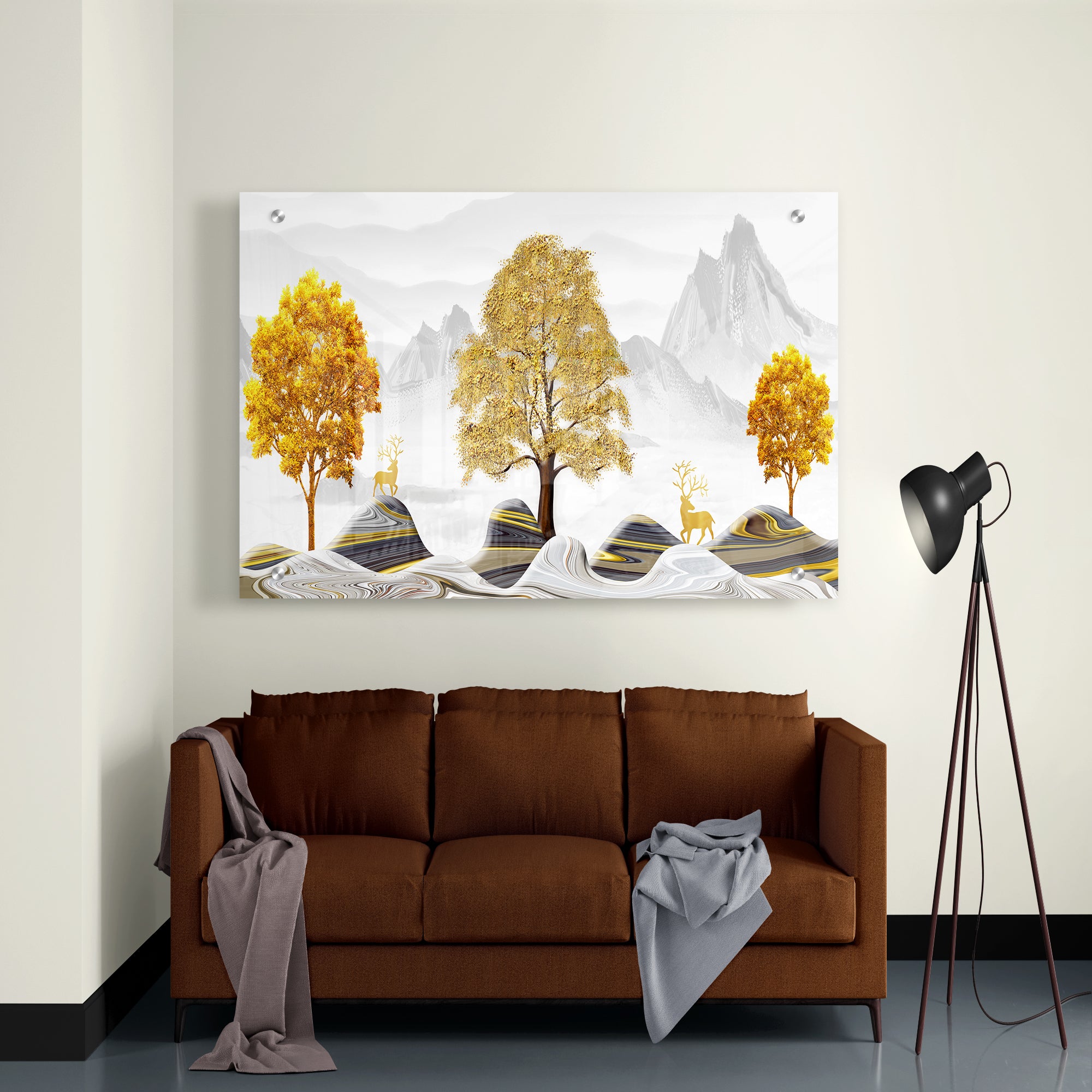 Colorful Rocks And Golden Tree With Deers Acrylic Wall Painting
