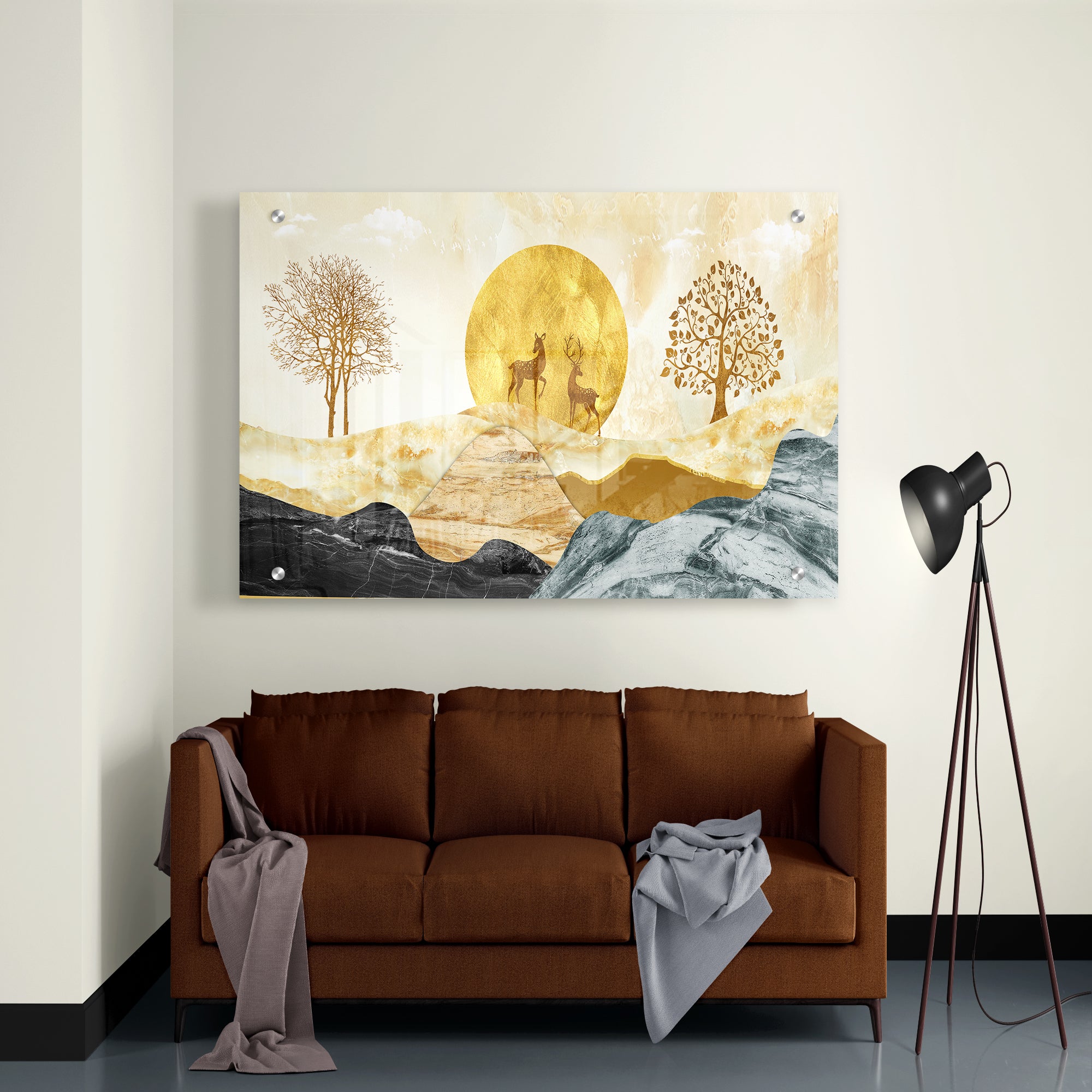 Golden And Black Mountains Sun With Deer Acrylic Wall Painting