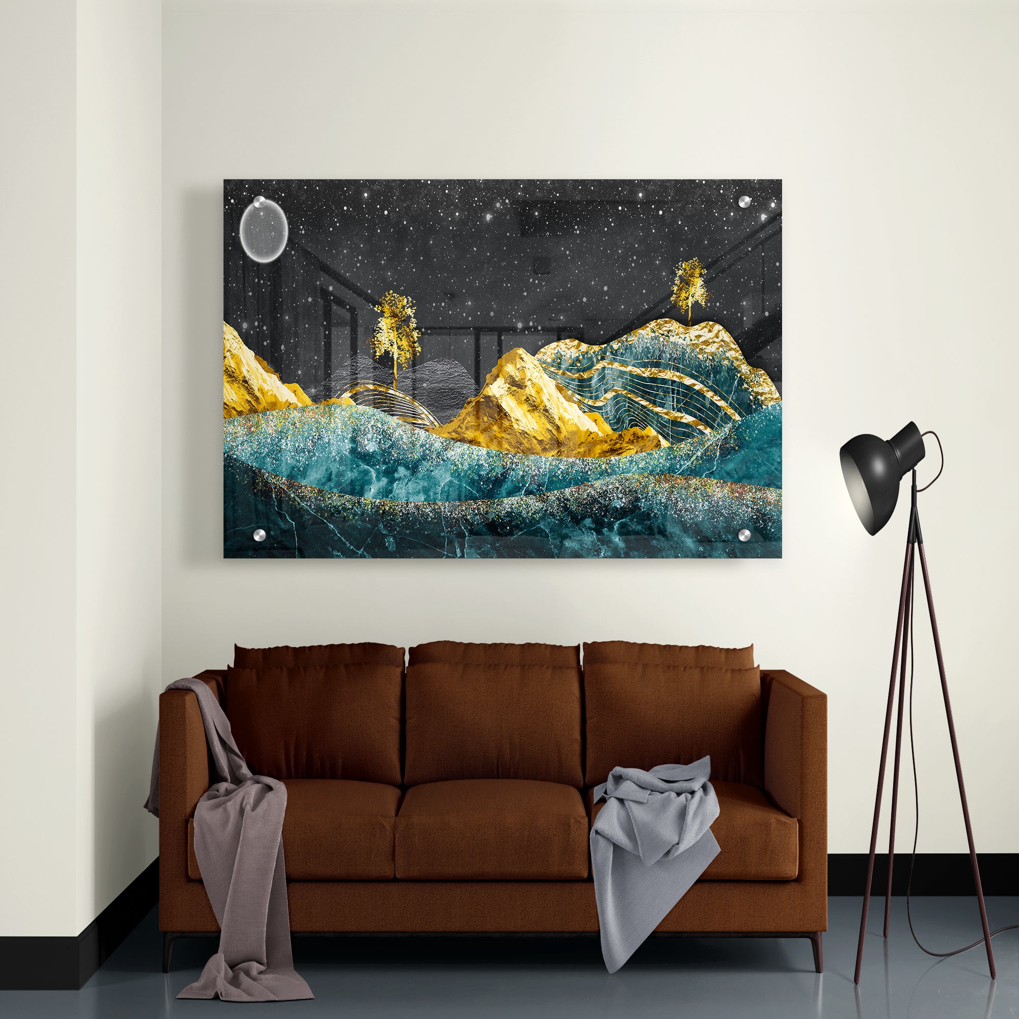 Golden Rocks And Black Sky With Stars Artistic Acrylic Wall Painting
