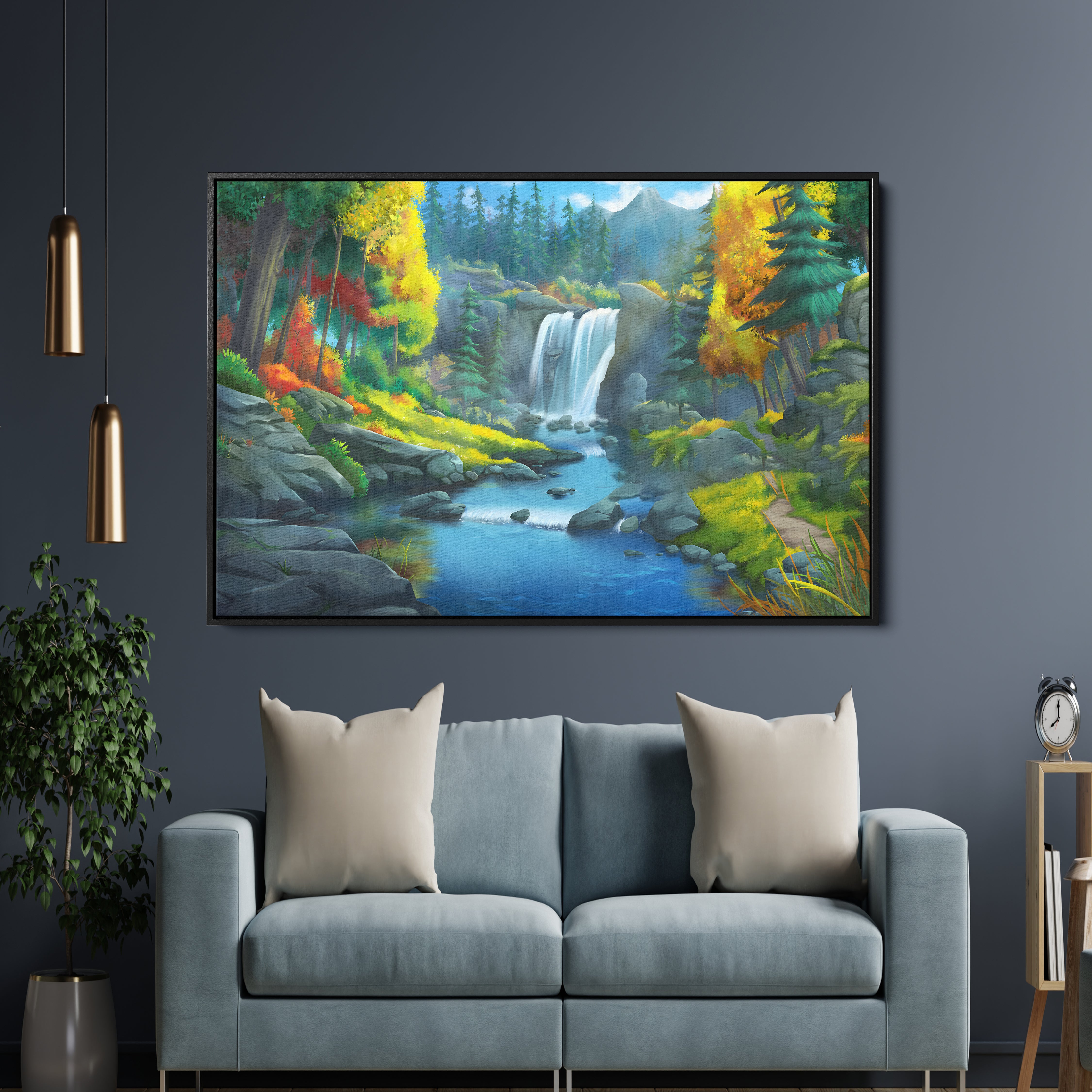 Beautiful Waterfall In Forest Premium Morden Art Wall Painting
