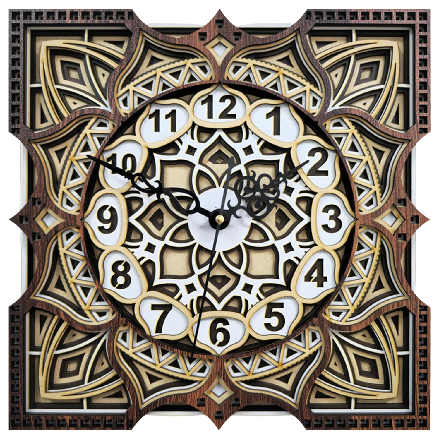 3D Floral Square Mandala Clock Wooden Wall Clock