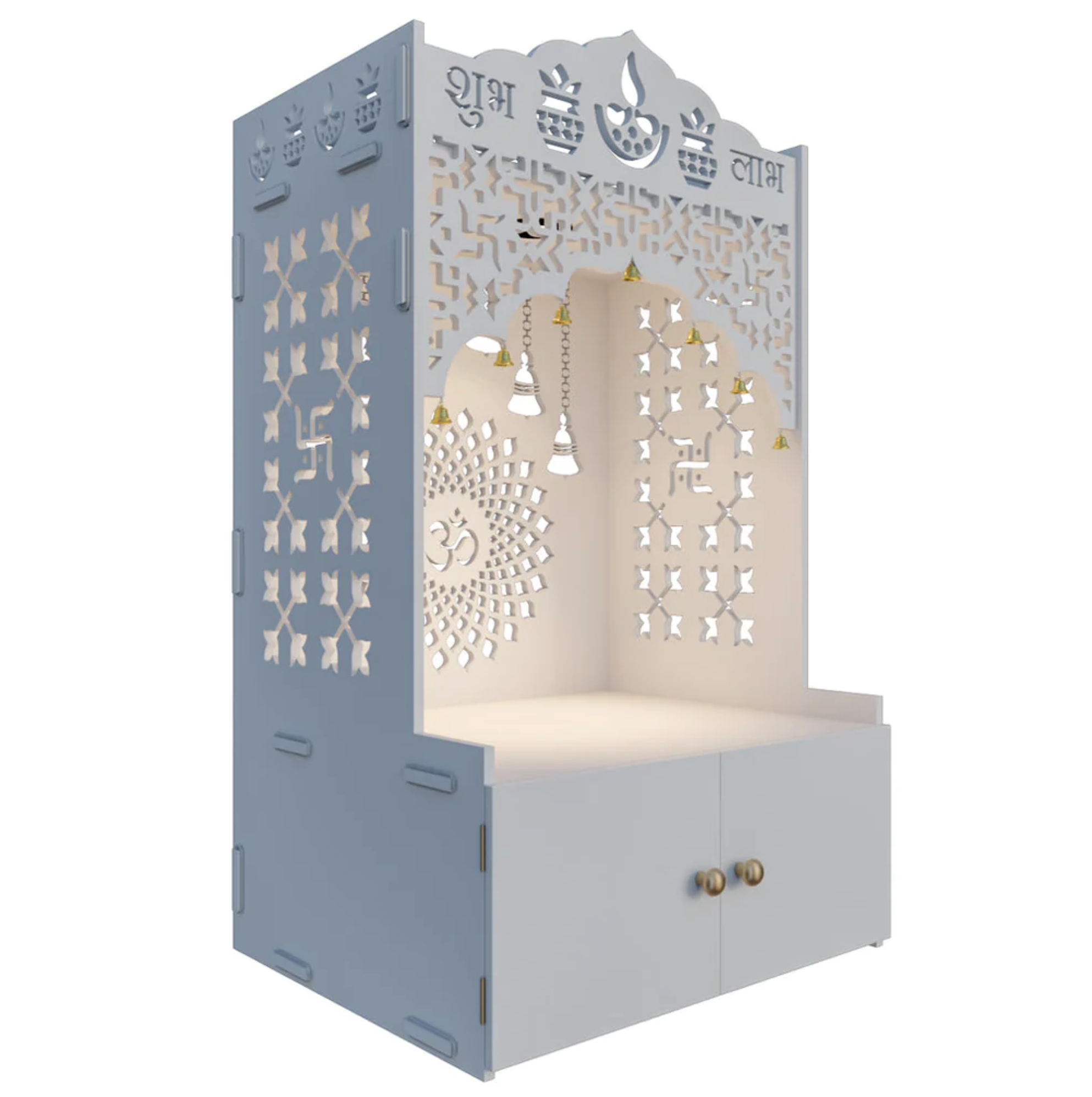 Subh Labh Divine Wooden Floor Temple with Spacious Shelf & Inbuilt Focus Light- White