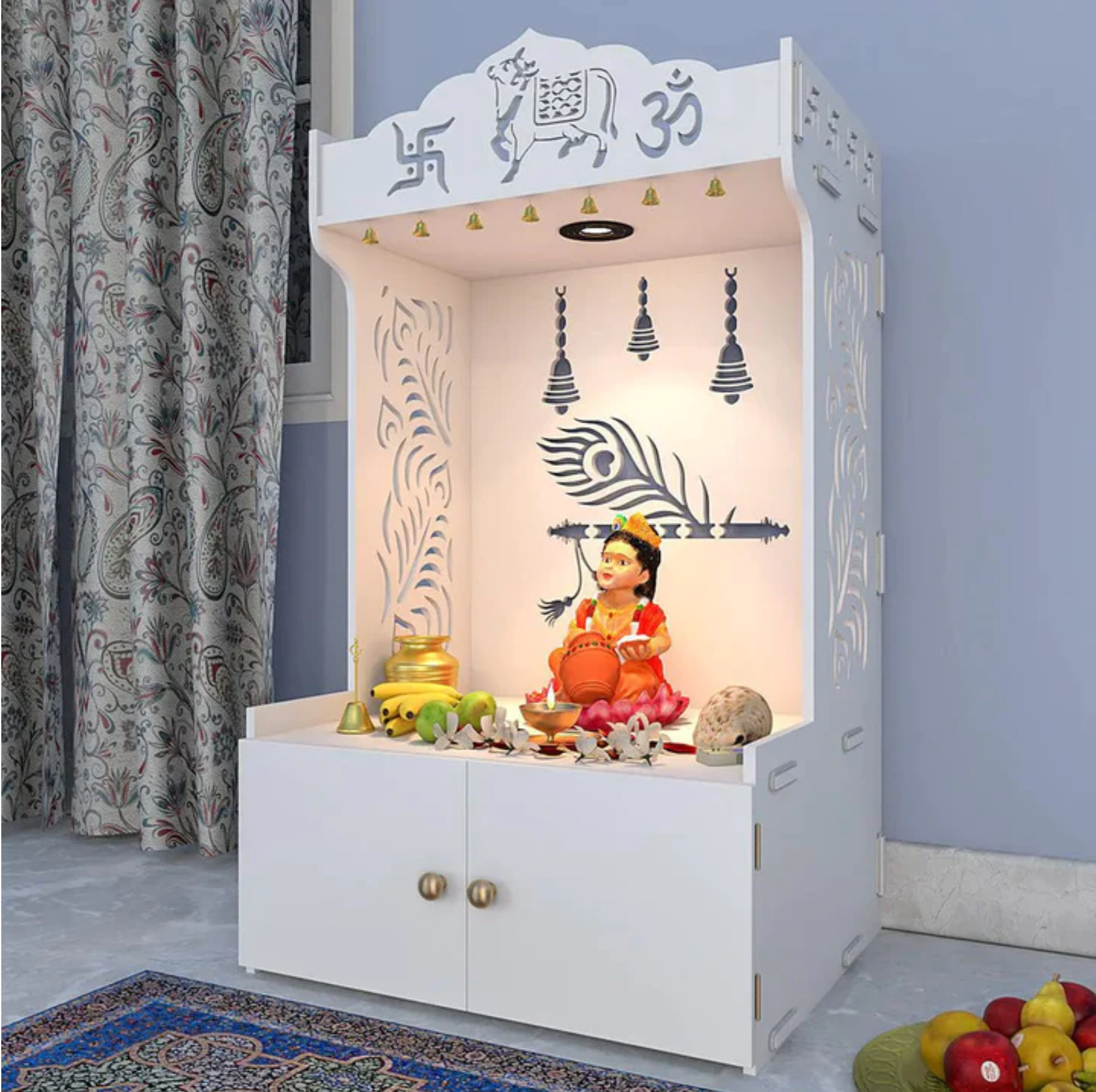 Krishna Murli Divine Wooden Floor Temple with Spacious Shelf & Inbuilt Focus Light- White
