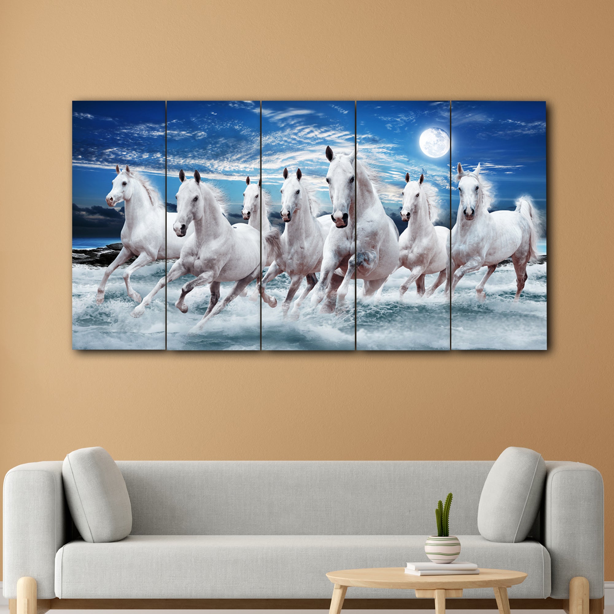White Seven Horses In 5 Panel Painting