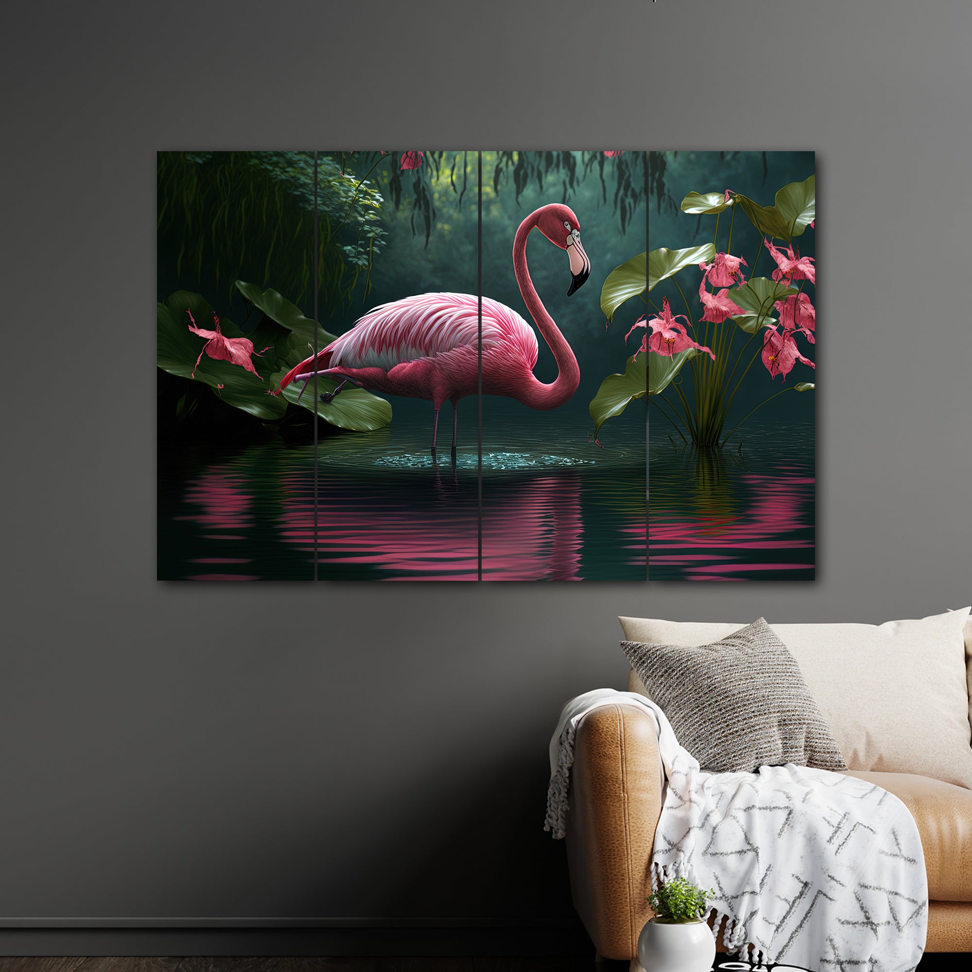 Flamingo Birds In 4 Panel Painting