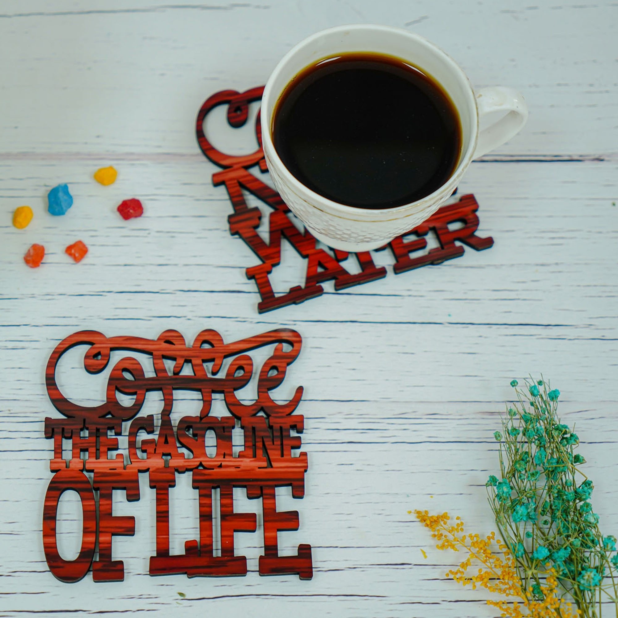 Coffee the Gasoline of Life custom drink coasters