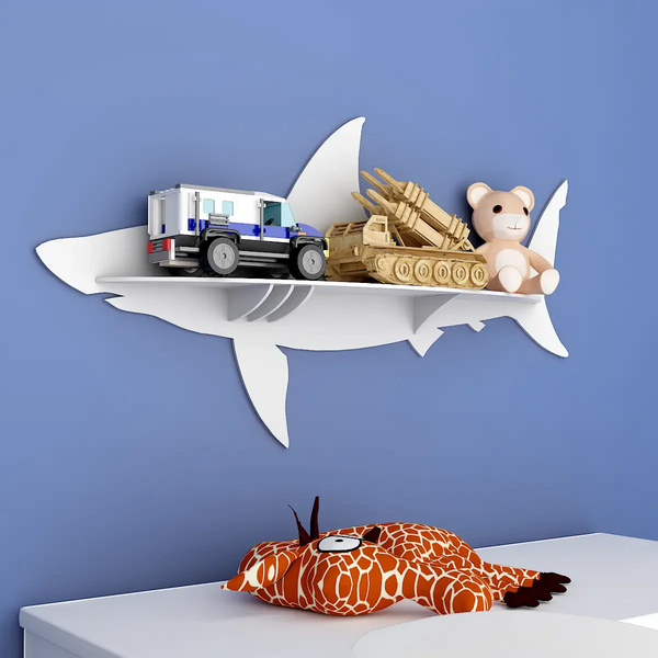 Shark Backlit Wood Wall Shelf / Book Shelf / Night Light, White Color