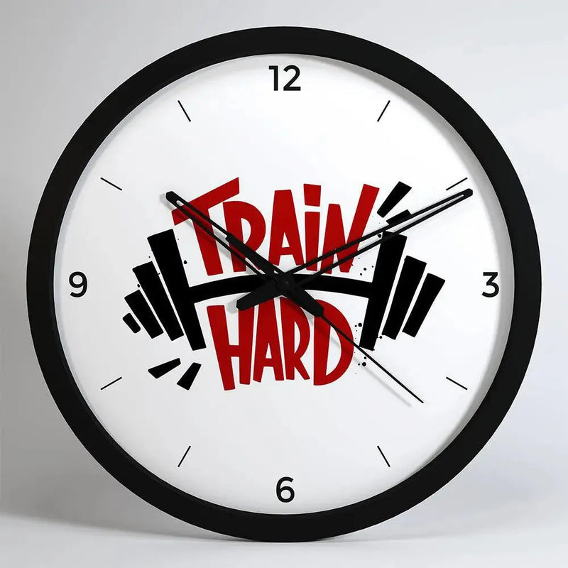 Train Hard Designer Wall Clock for Gym – Black Frame