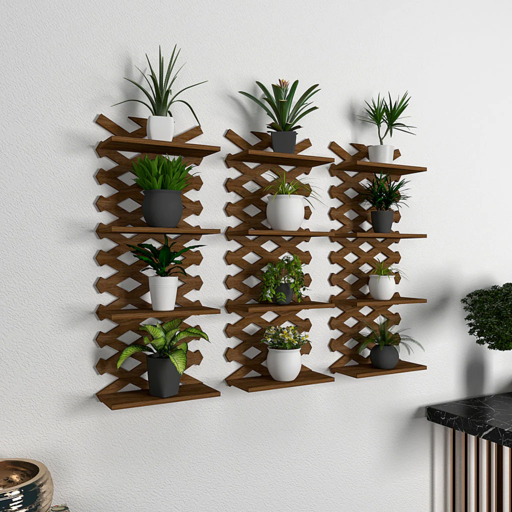 Modern Criss Cross Dark Walnut Planter Shelves Set Of 3