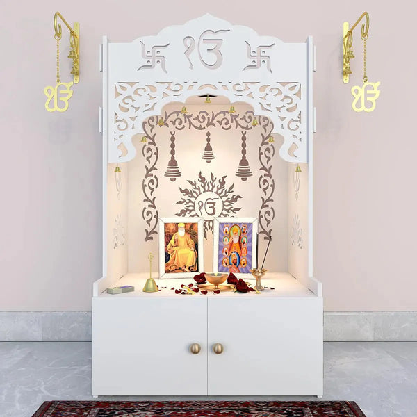 Ek-onkar Home Temple with Inbuilt Focus Light & Spacious Wooden Shelf- White