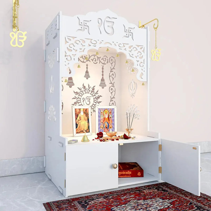 Ek-onkar Home Temple with Inbuilt Focus Light & Spacious Wooden Shelf- White