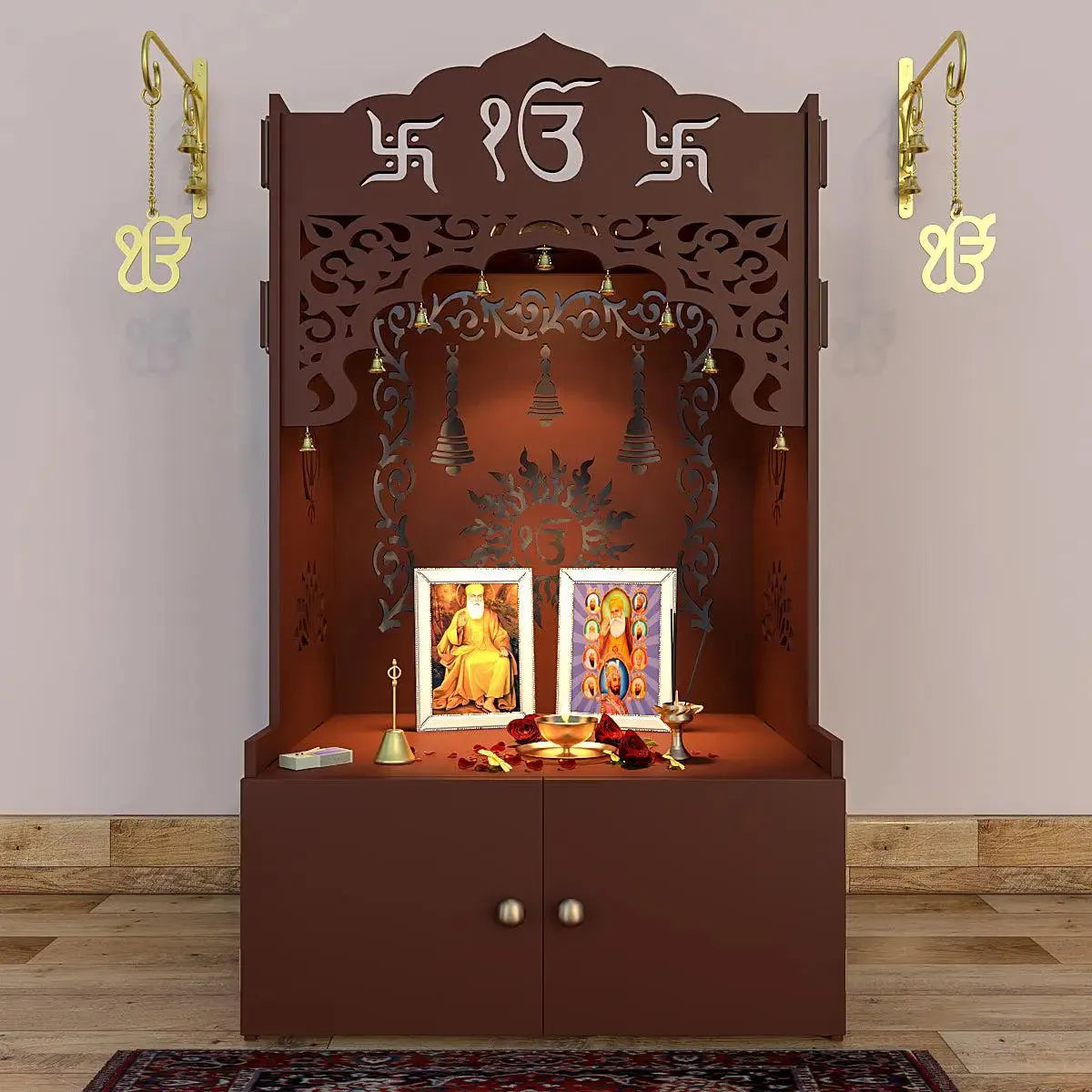 Ek-onkar Home Temple with Inbuilt Focus Light & Spacious Wooden Shelf- Brown