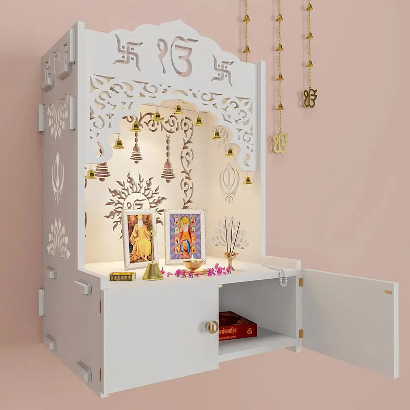 Ek-onkar Wall Temple with Inbuilt Focus Light & Spacious Wooden Shelf- White