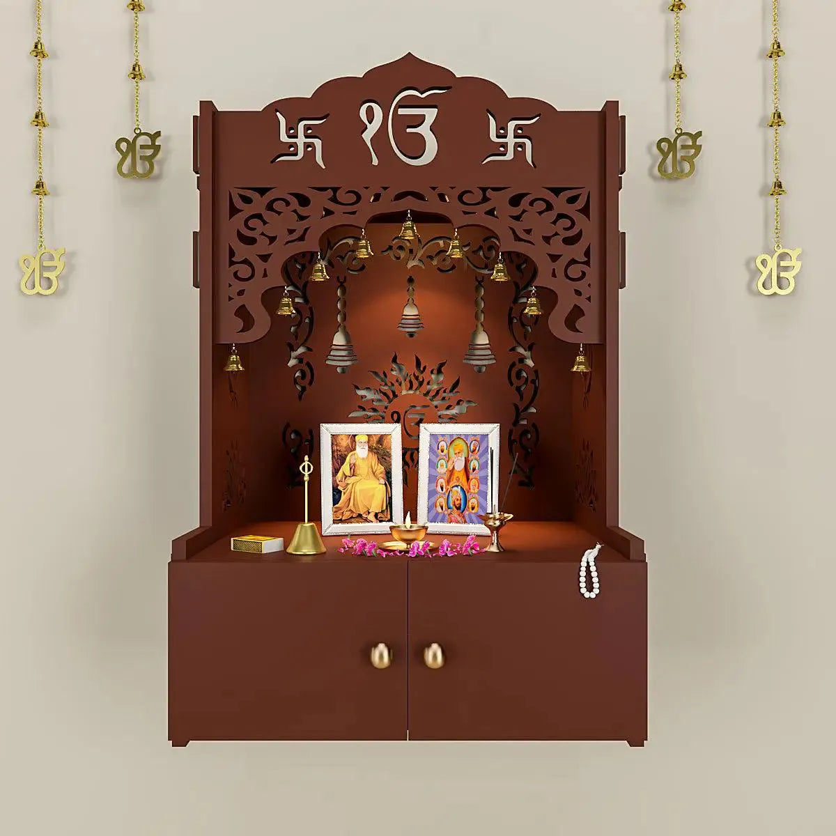 Ek-onkar Wall Temple with Inbuilt Focus Light & Spacious Wooden Shelf- Brown