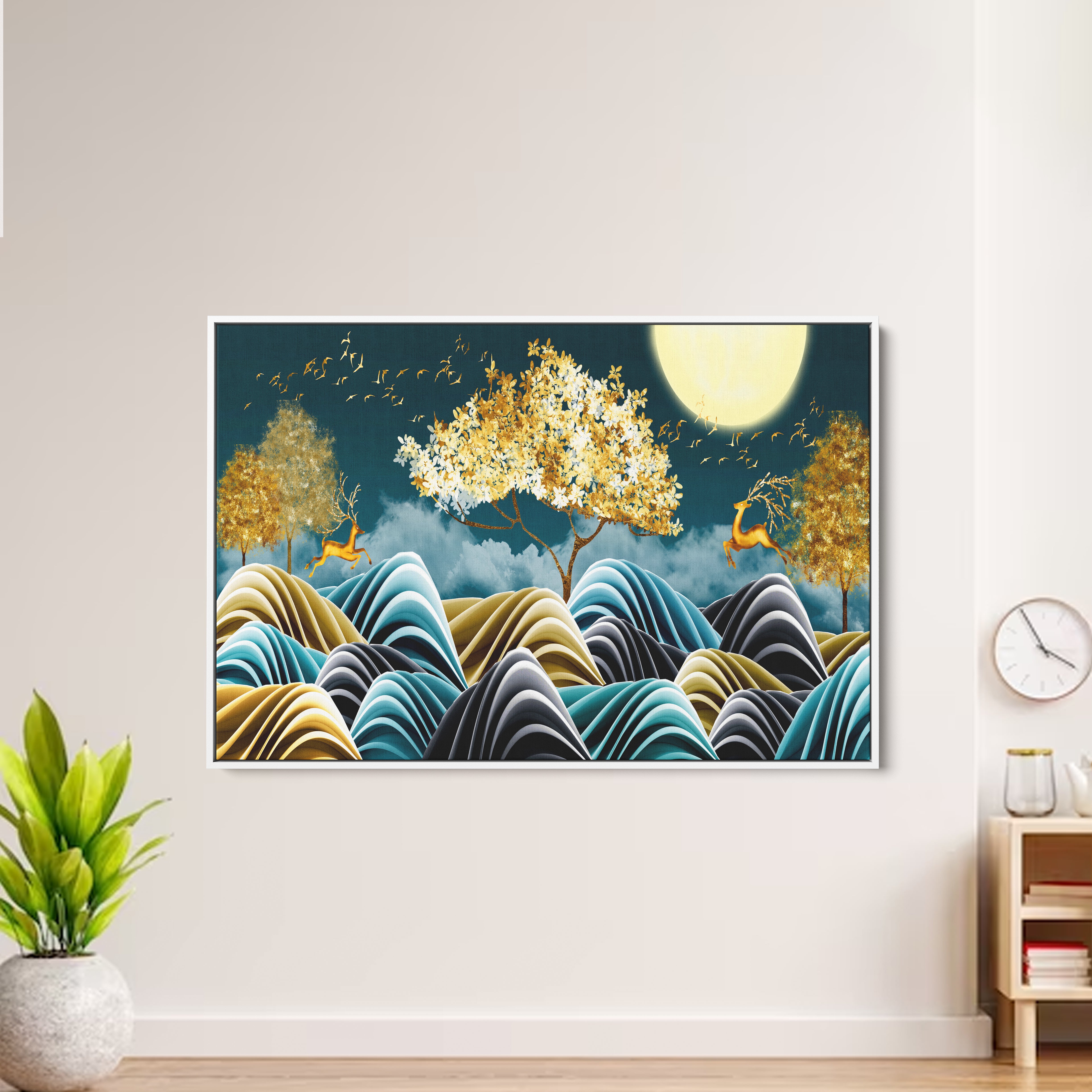 Moon With Golden Tree Abstract Canvas Wall Painting