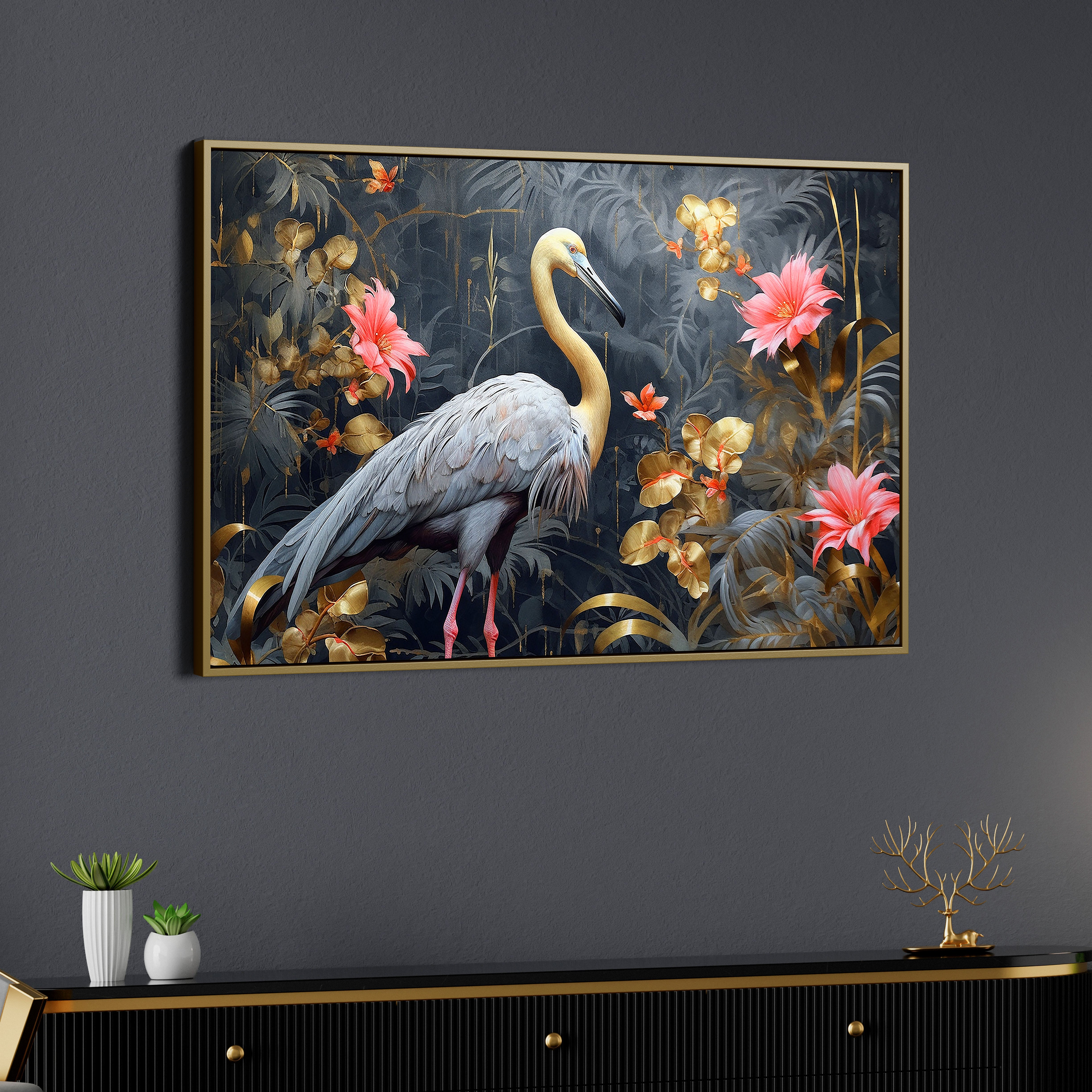 Black Flamingo and Flower Canvas Wall Painting