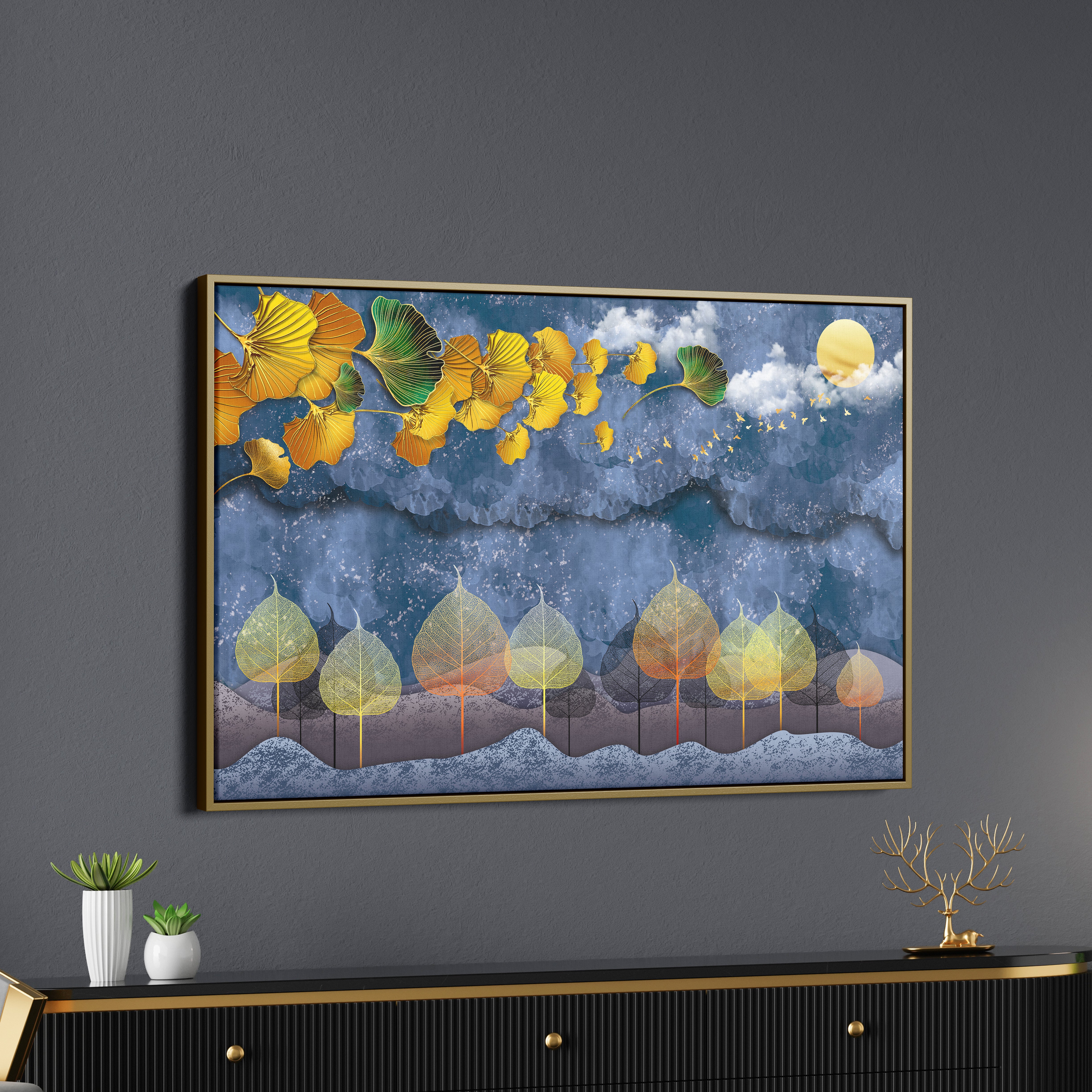 Golden Leaves Mountains And Moon White Tree And Birds Canvas Wall Painting