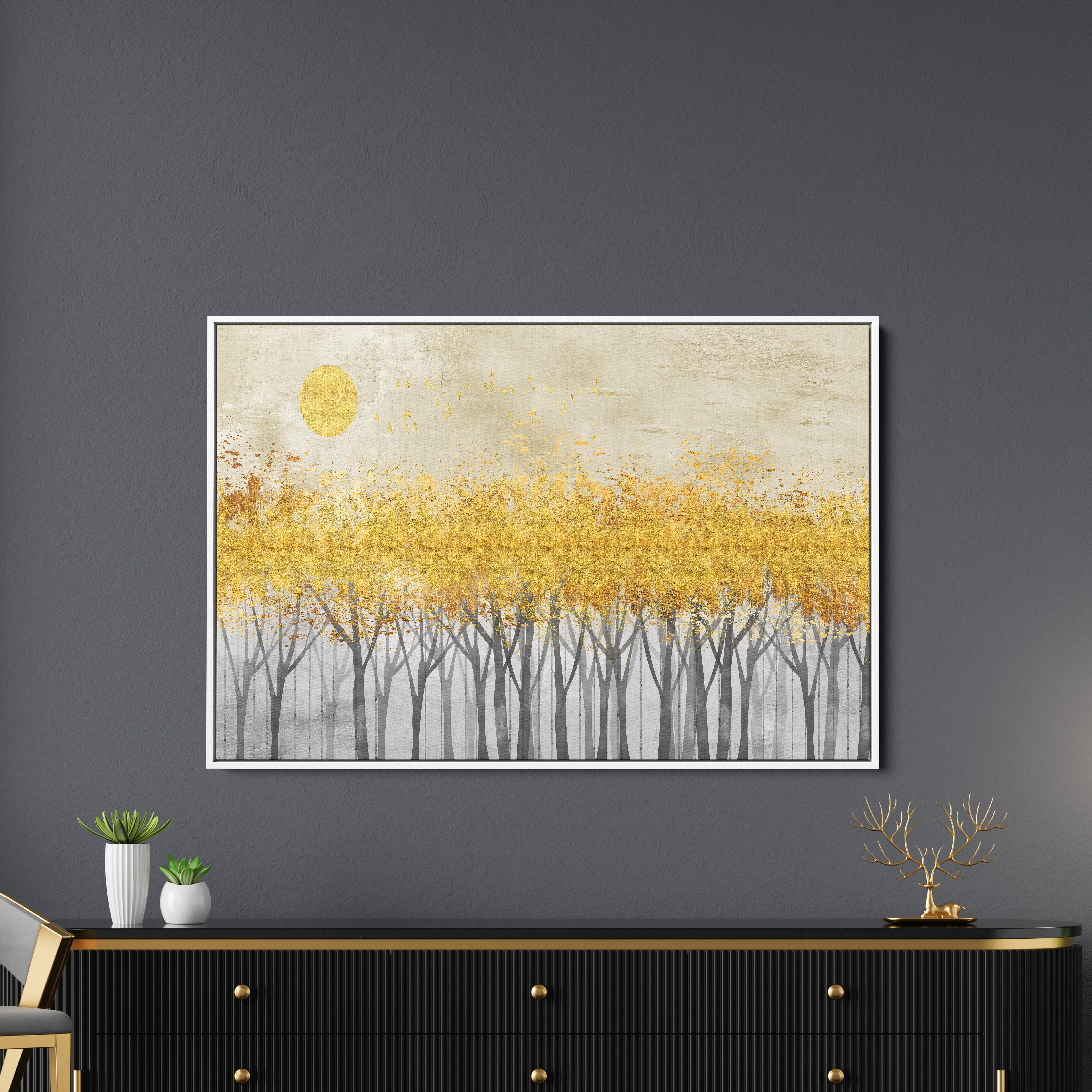 Golden Black Tree With Moon Canvas Wall Painting
