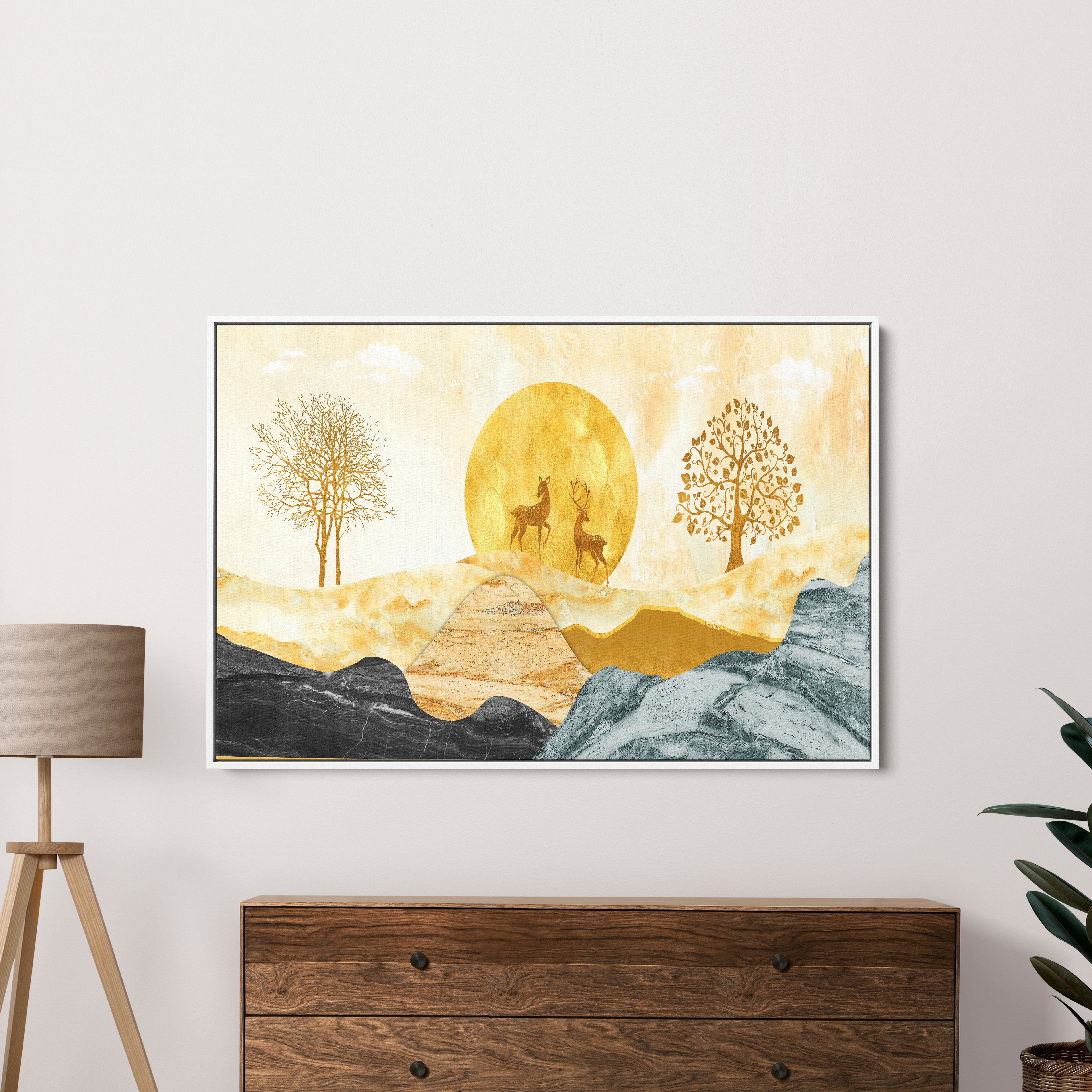 Golden And Black Mountains Sun With Deer Canvas Wall Painting