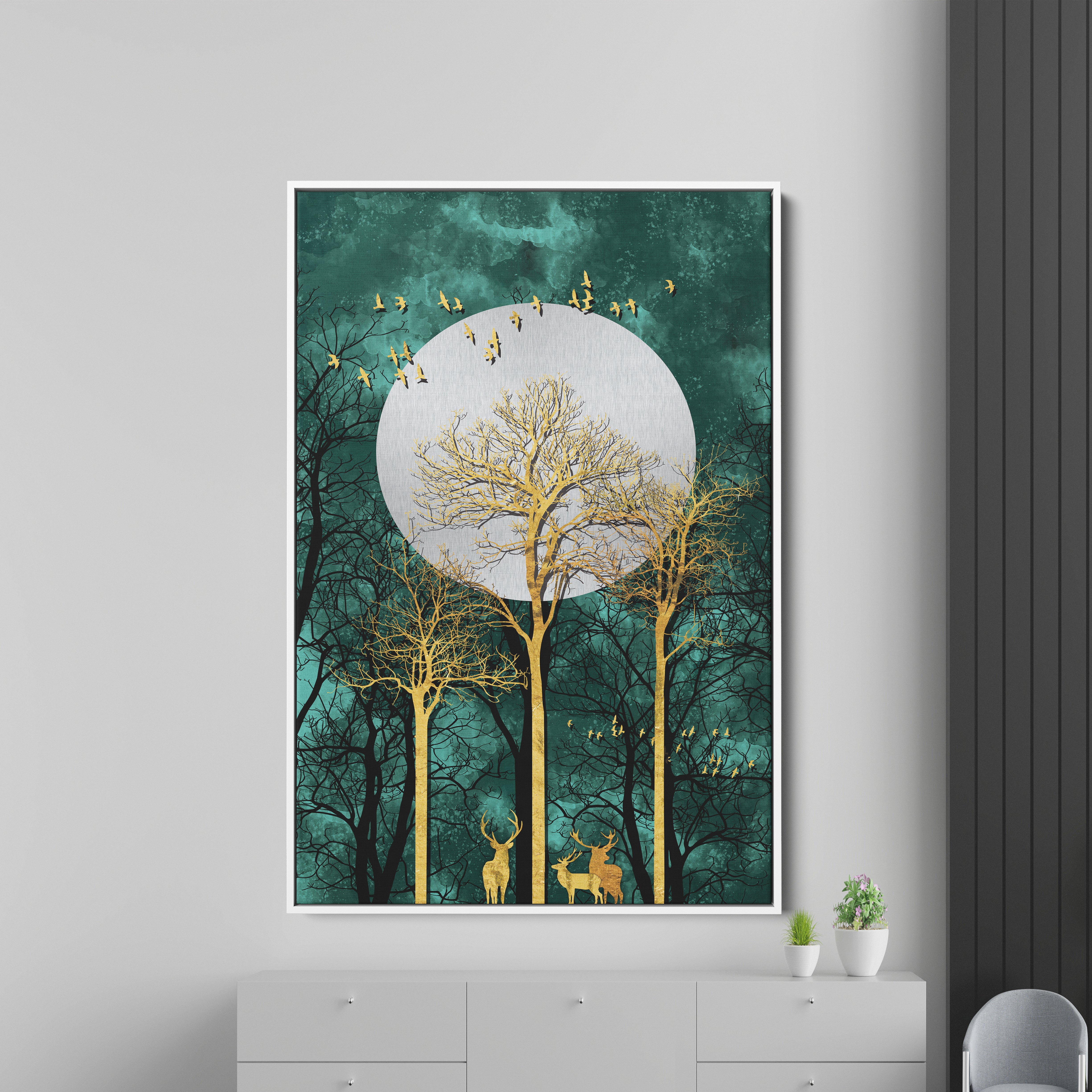 Golden Tree And Deer And Golden Birds With Moon Canvas Wall Painting